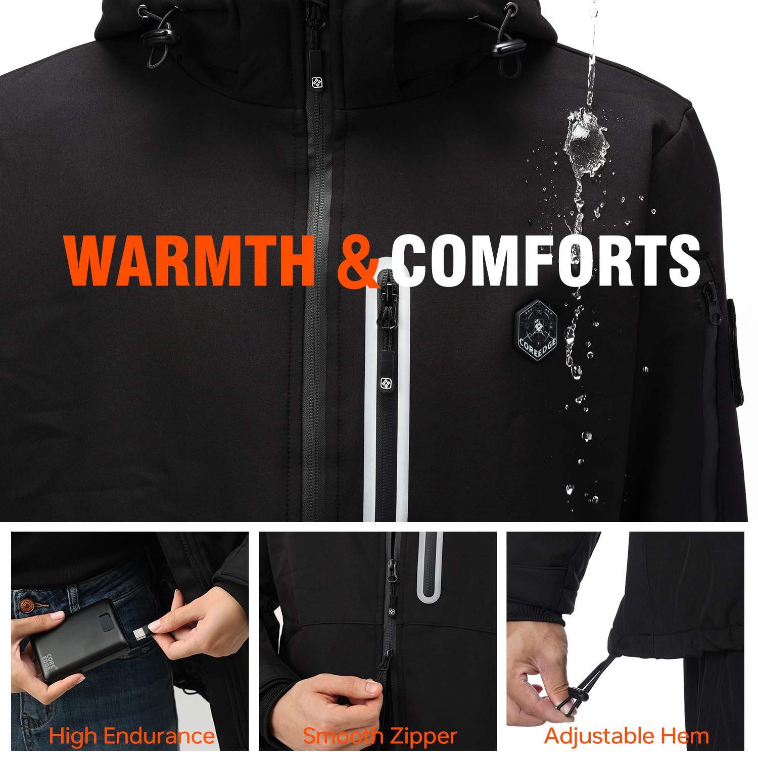 COREEDGE Women's Heated Jacket close-up heating panels showing eight zones for targeted warmth