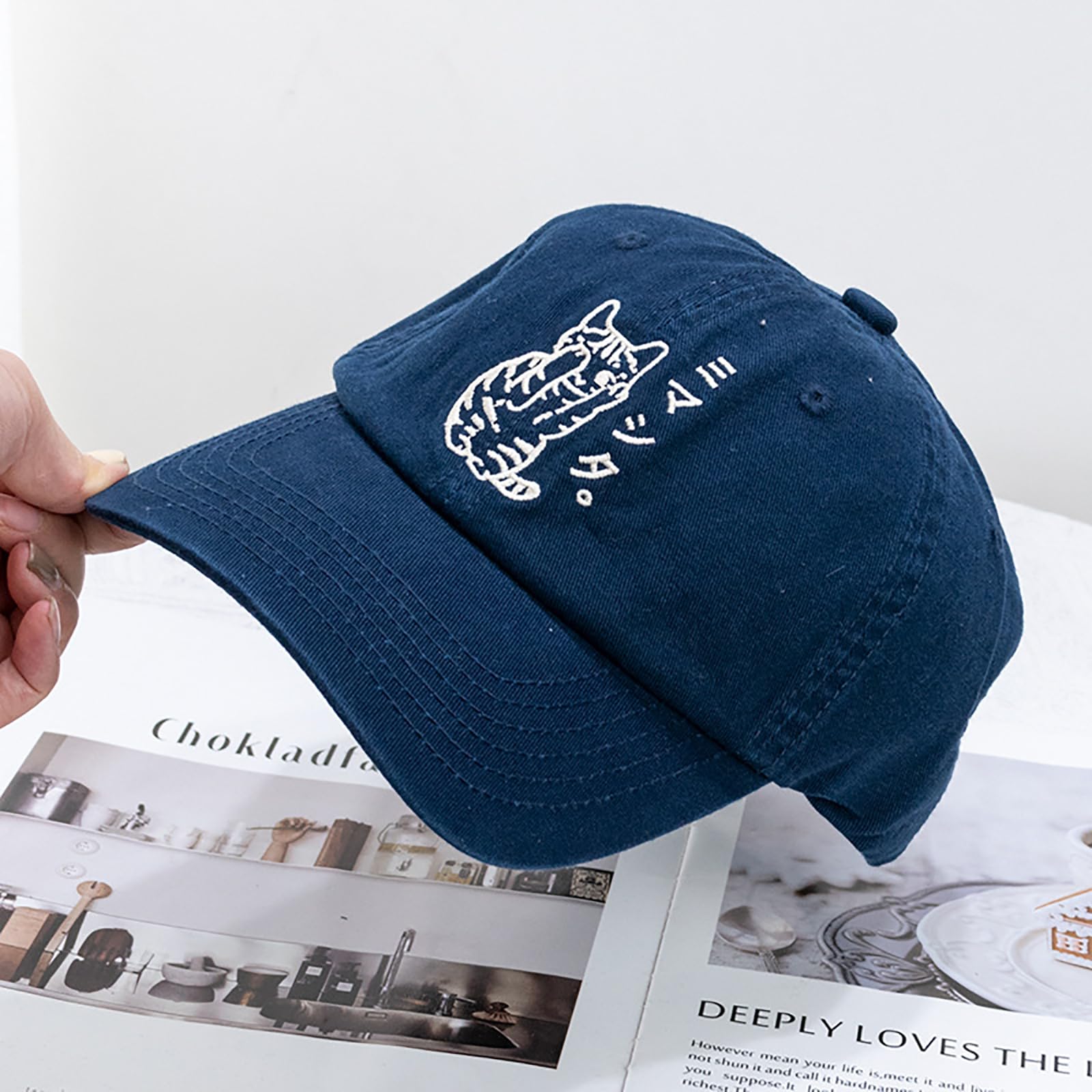 CORIRESHA cute cat Japanese embroidery baseball cap side view, stylish retro vibe for any look.