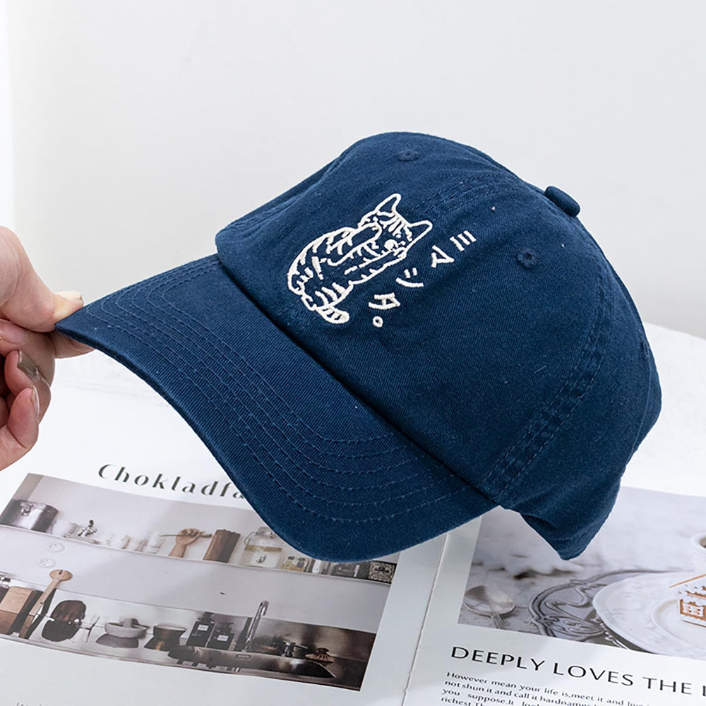 CORIRESHA cute cat Japanese embroidery baseball cap side view, stylish retro vibe for any look.