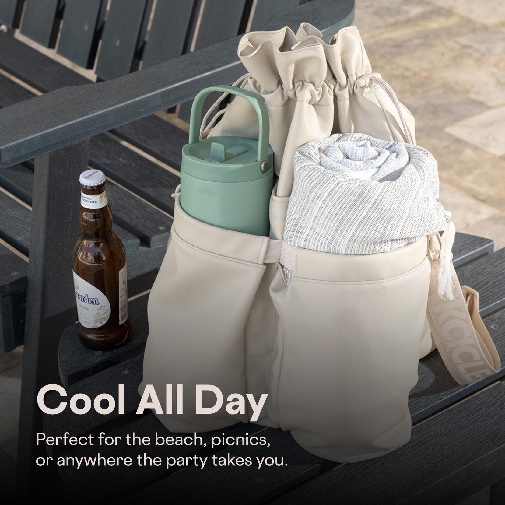 Corkcicle Beverage Bucket Cooler Bag wide-mouth design enables quick access to drinks.