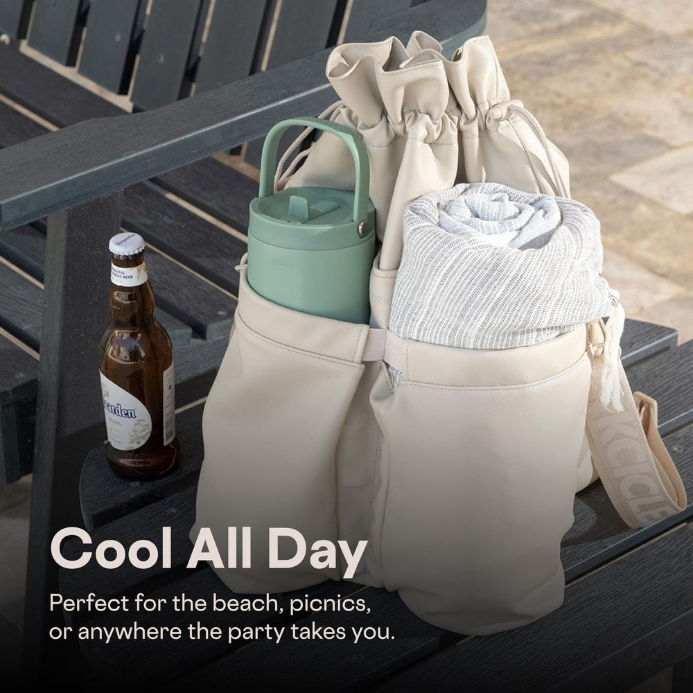 Corkcicle Beverage Bucket Cooler Bag wide-mouth design enables quick access to drinks.