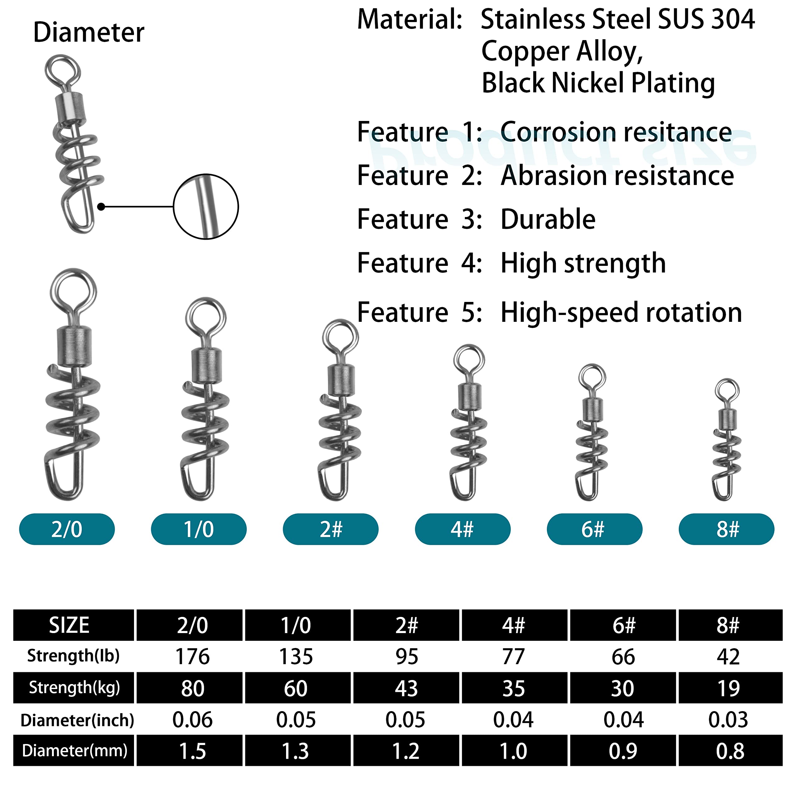 Stainless steel corkscrew swivels for saltwater and freshwater