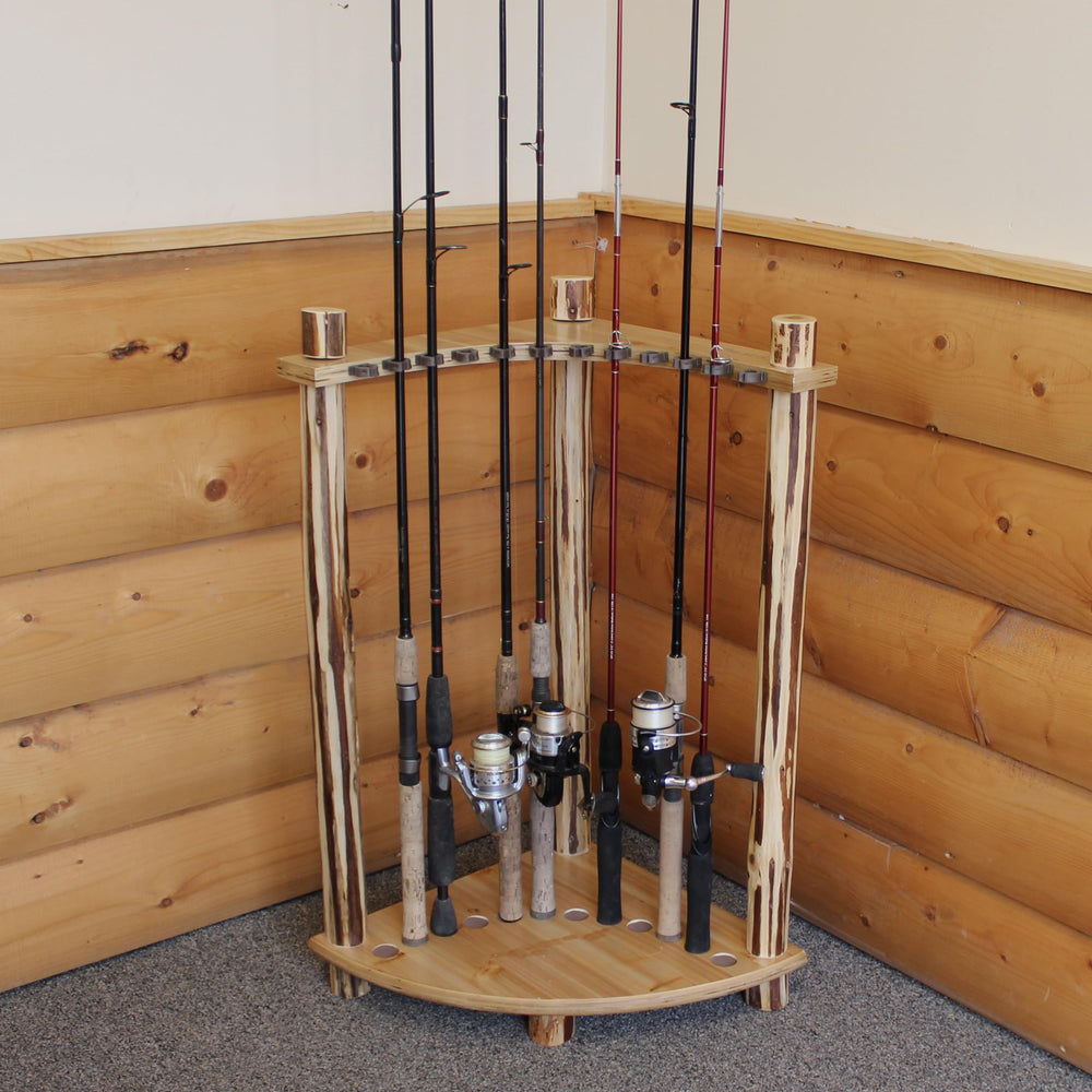 Garage setting featuring Corner Log 12 Fishing Rod Rack