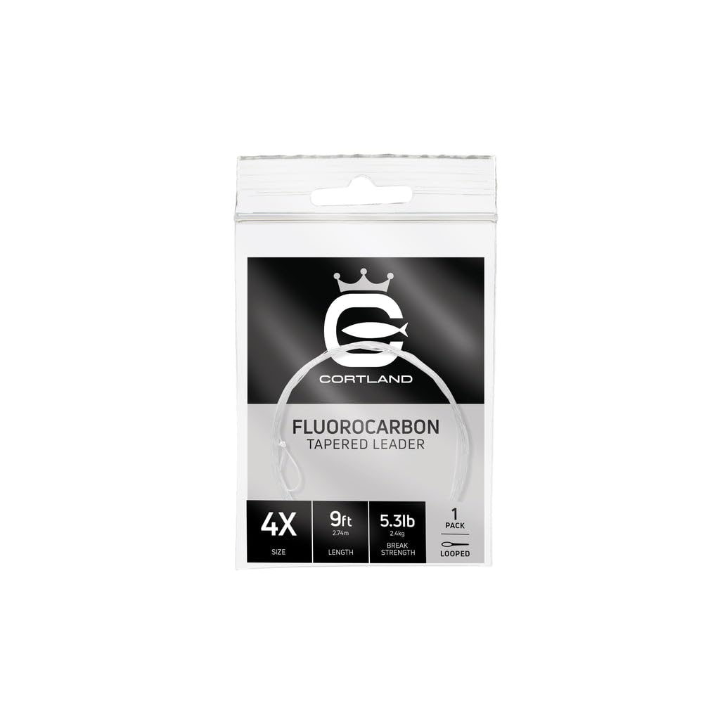 Cortland Fluorocarbon Tapered Leader packshot shows near-invisible line for freshwater setups