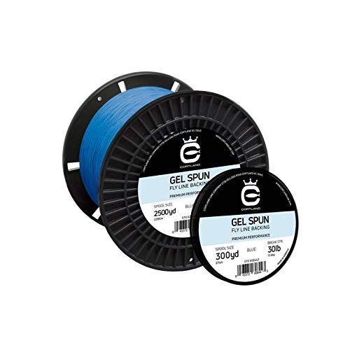 Cortland Gel Spun backing in blue, 80 lb, 300-yard spool for strong fly fishing backing.