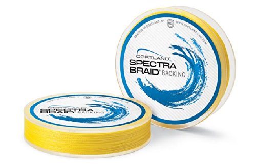 Cortland gel-spun fly line backing hi-vis yellow on a 300-yard spool for easy visibility.