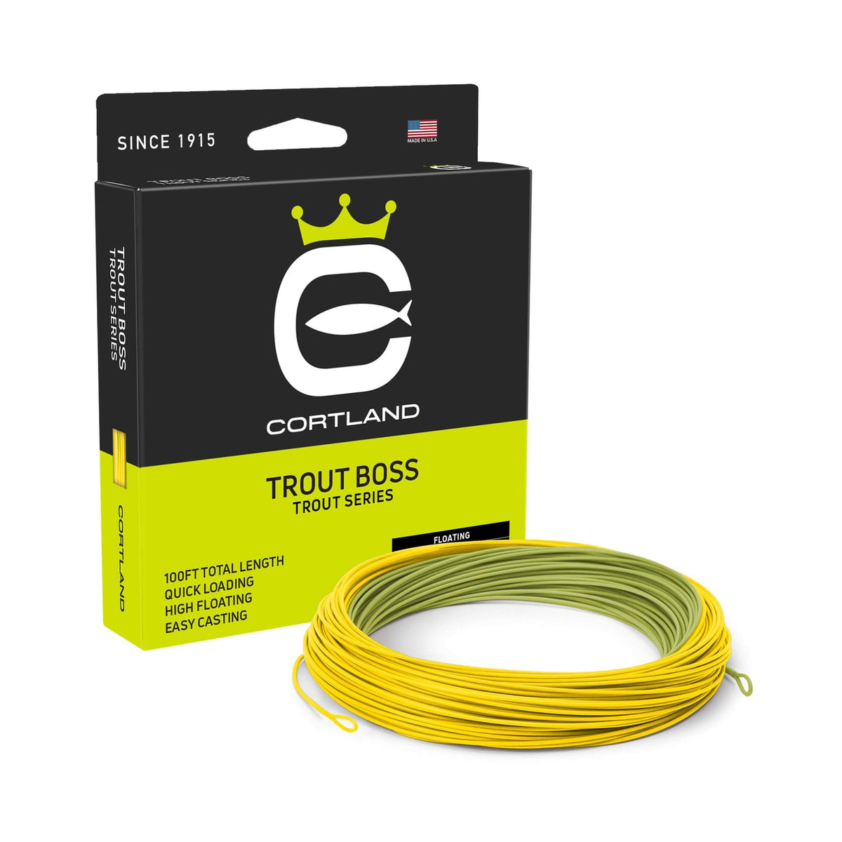 Cortland Trout Boss line in green-yellow, ready for versatile trout setups.
