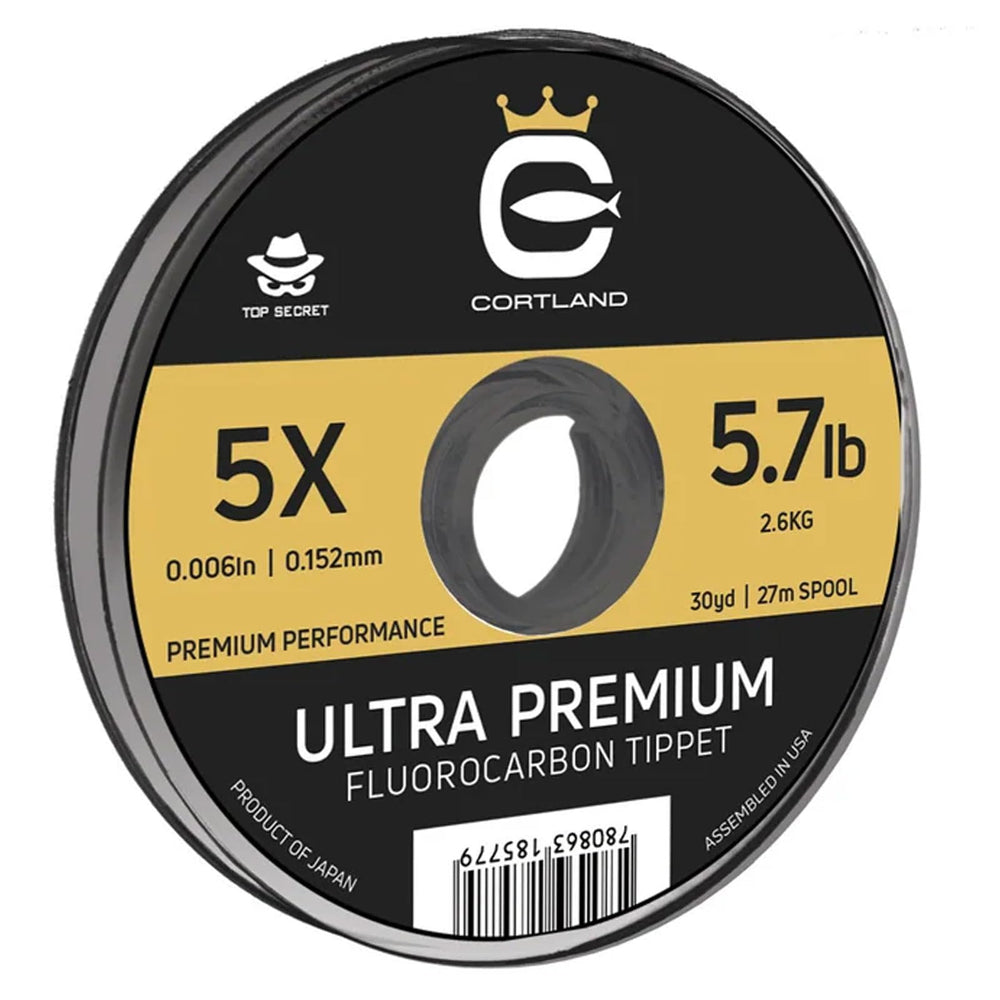 Cortland Ultra Premium Fluorocarbon Tippet pack demonstrates knot strength and abrasion resistance for trout fishing