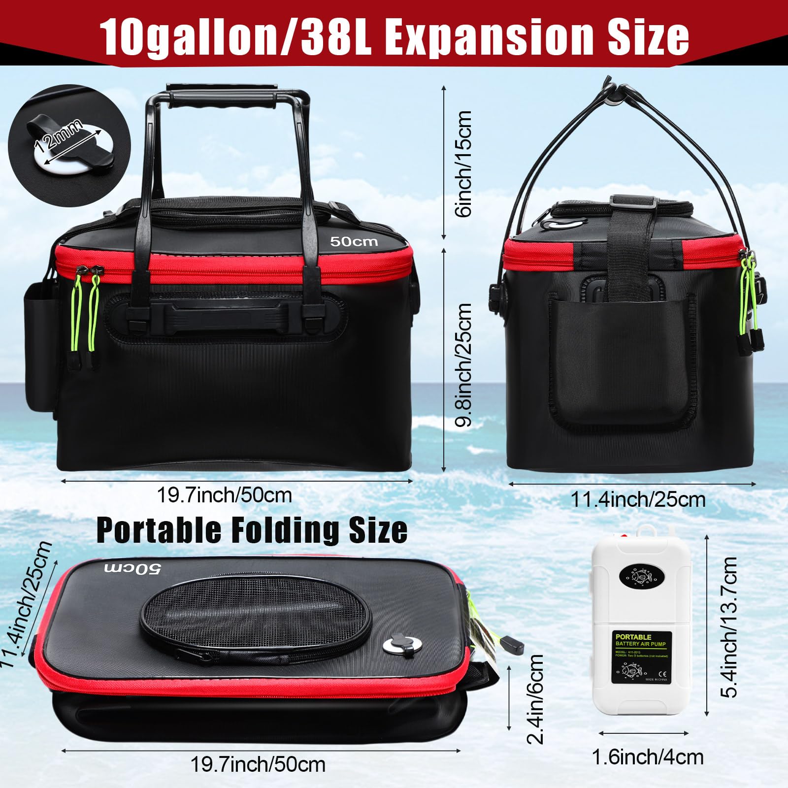 Black EVA foldable bucket with top net cover for live fish