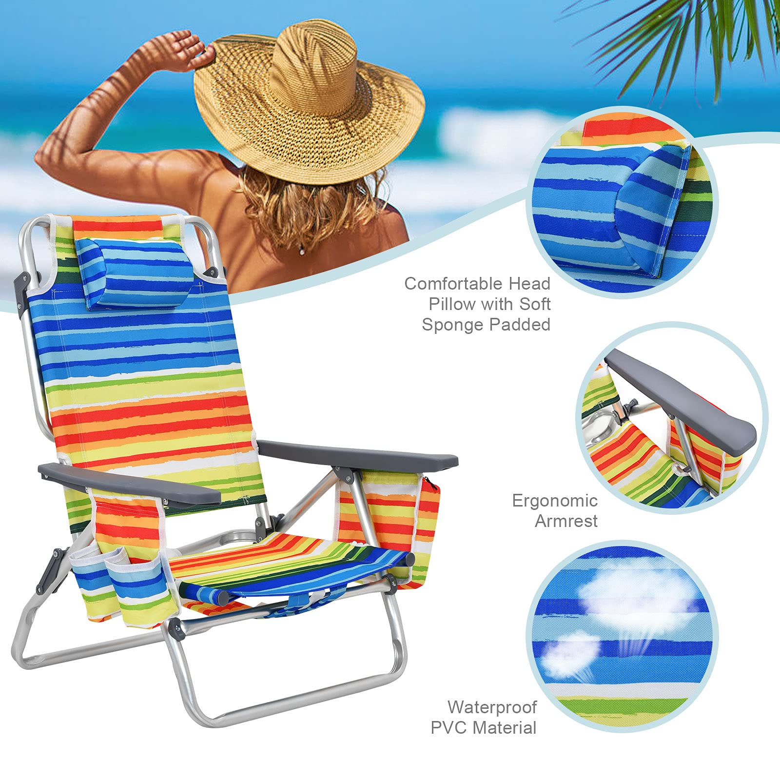 Costway beach chair includes cup holders for hands-free beverages.