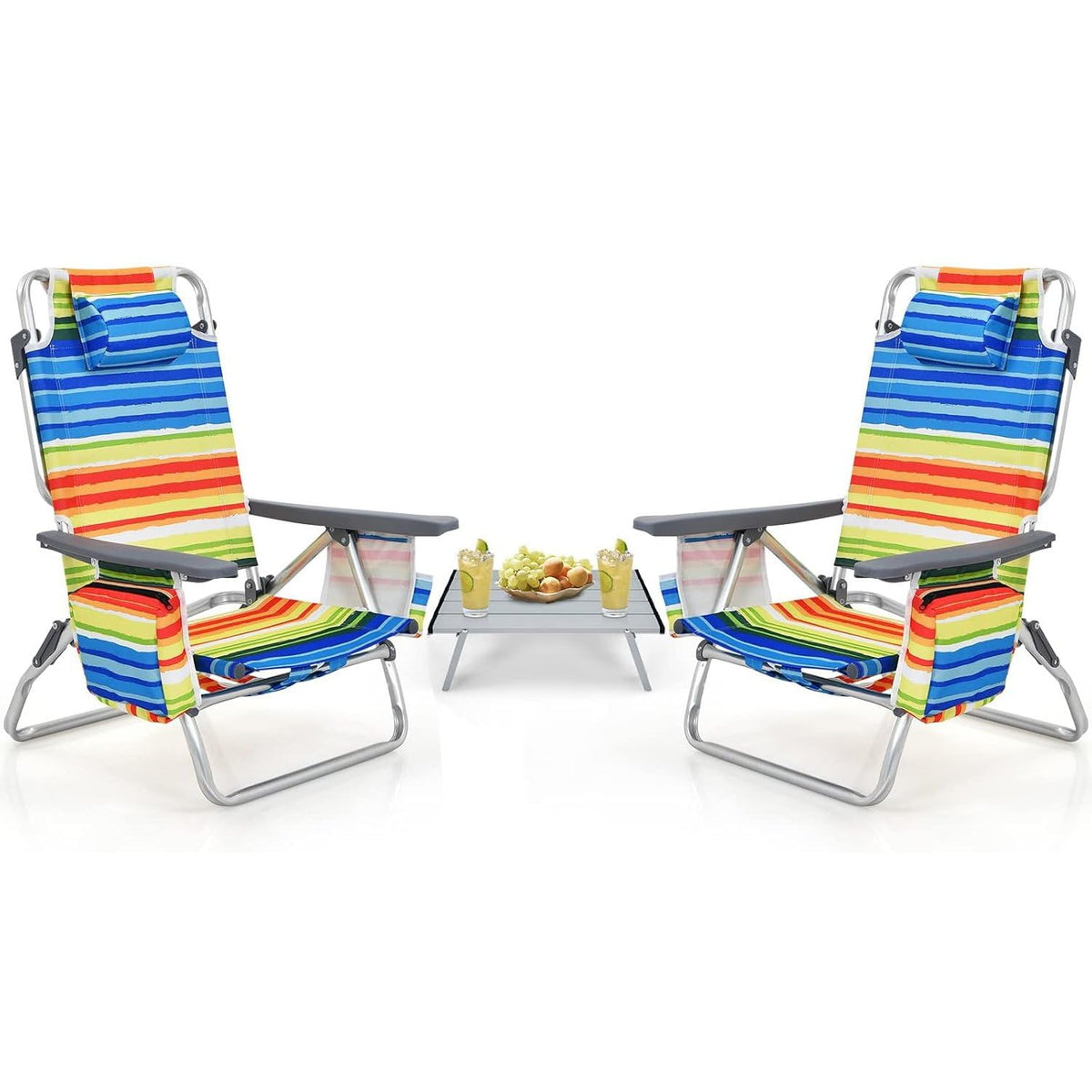 Costway beach chairs set with folded side table for portable outdoor seating.