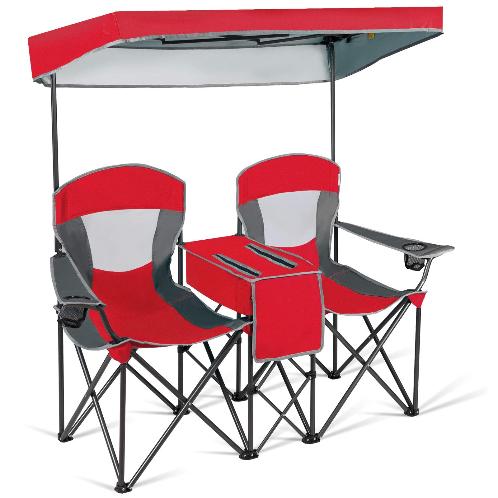 COSTWAY double camping chair with canopy shading two loungers outdoors