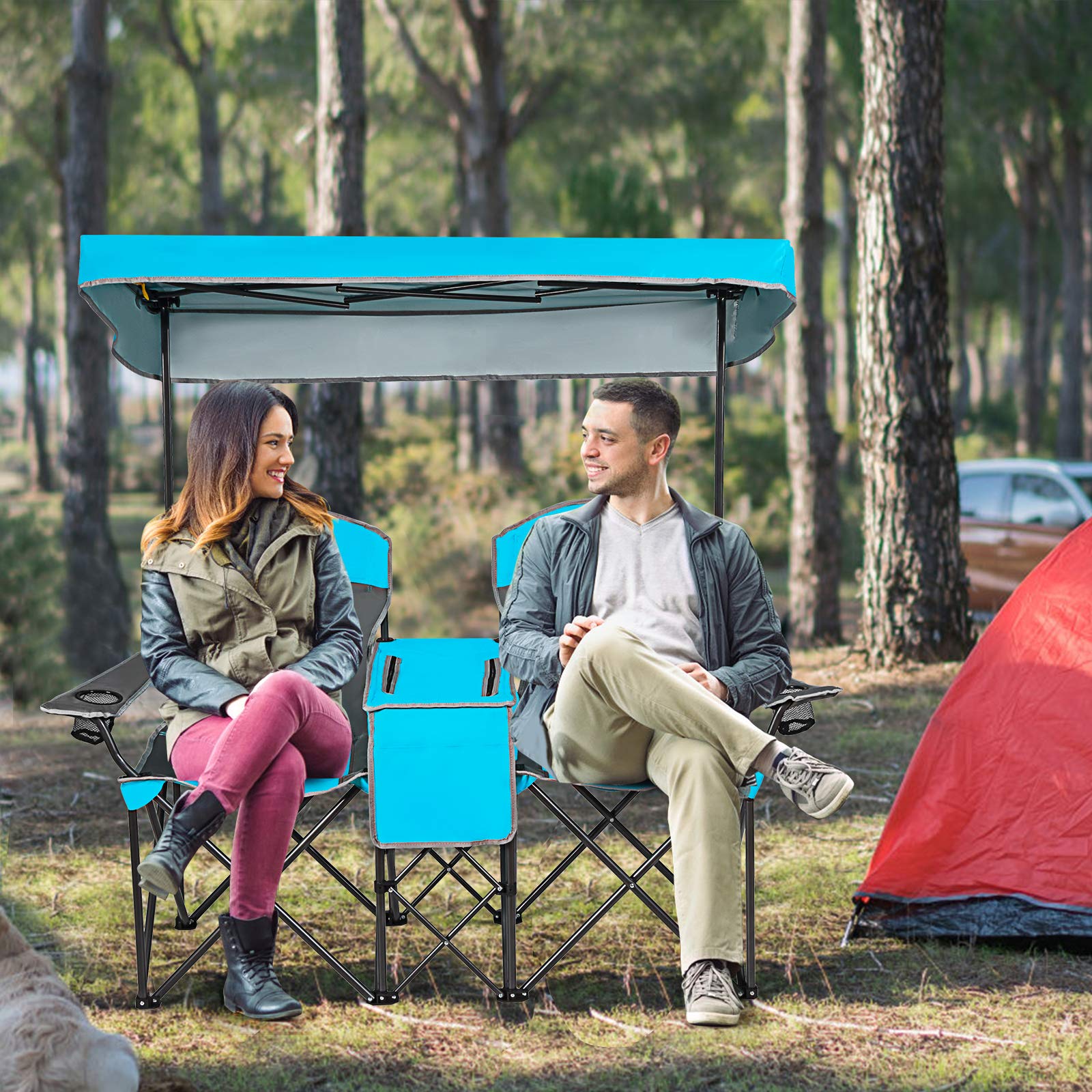 Costway camping chair with cup holder keeps water within reach during outdoor activities.