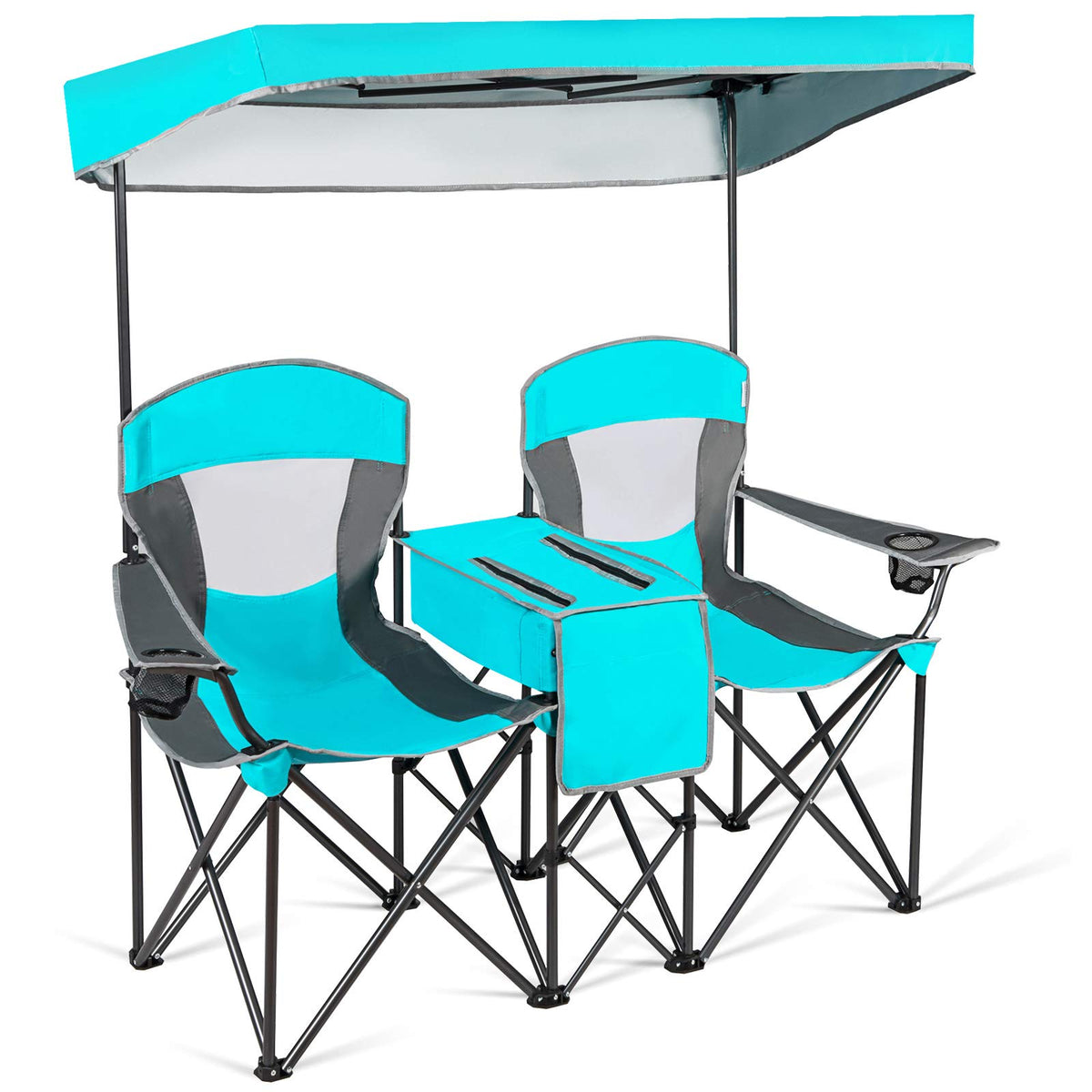 Costway double camping chair with canopy offering shade for outdoor relaxations.