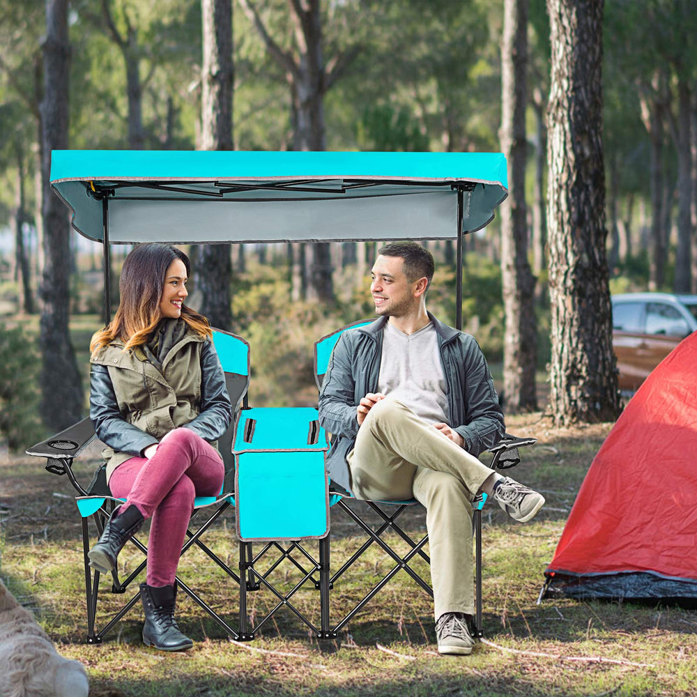 Costway double camping chair side view shows sturdy frame and high back for comfort.
