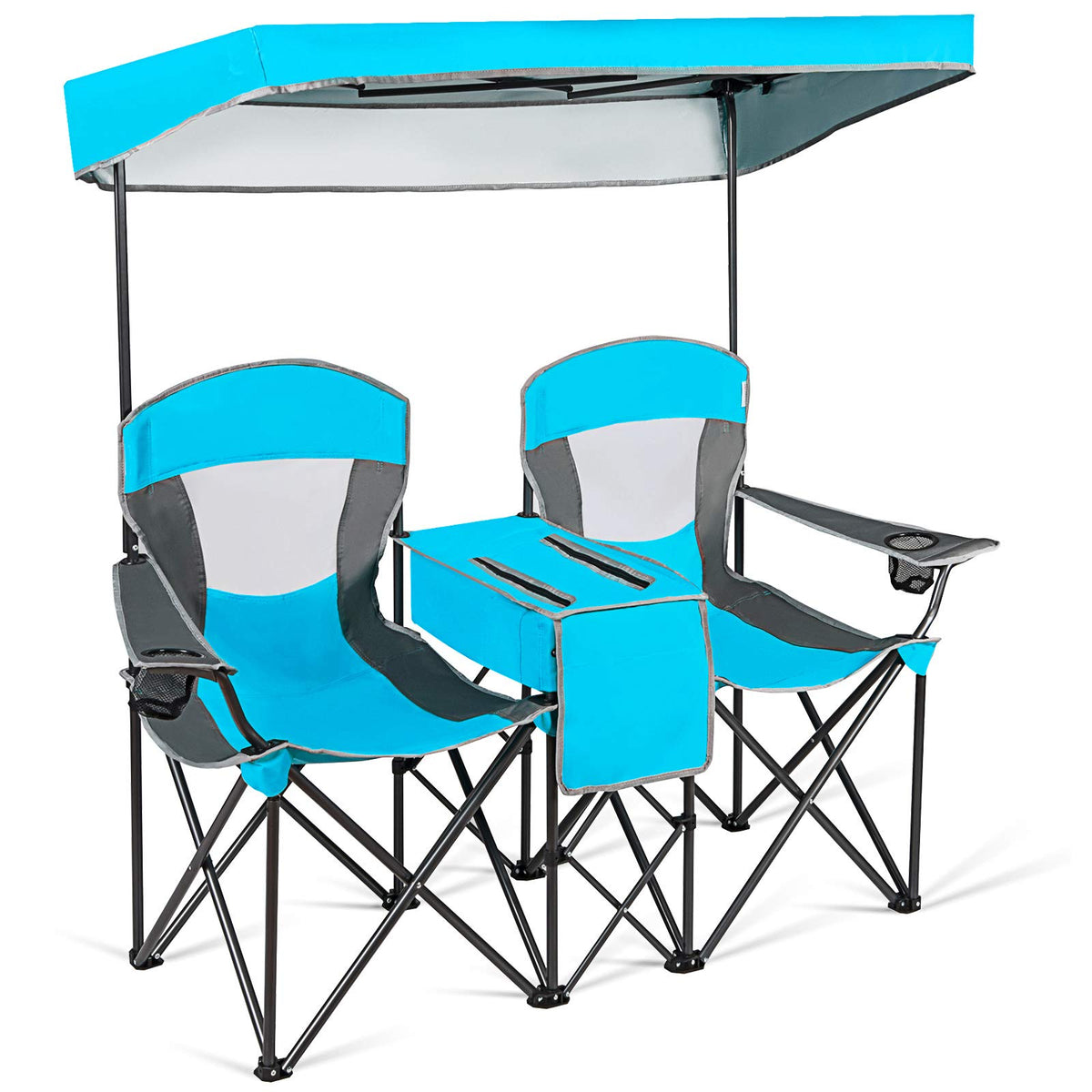Costway double camping chair with canopy provides adjustable sun protection for outdoor lounging.