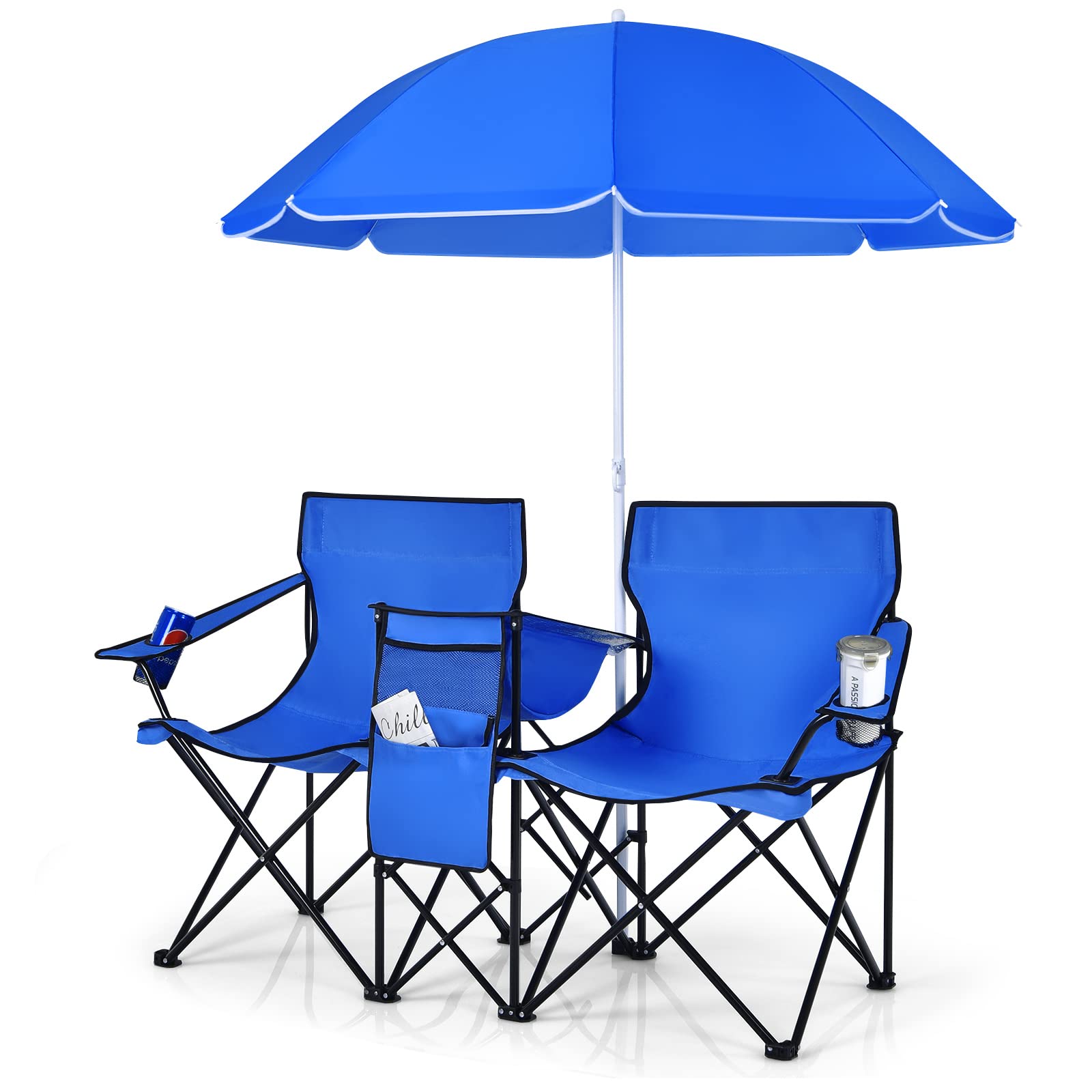 COSTWAY double picnic chairs with umbrella setup providing shaded comfort during outdoor gatherings.