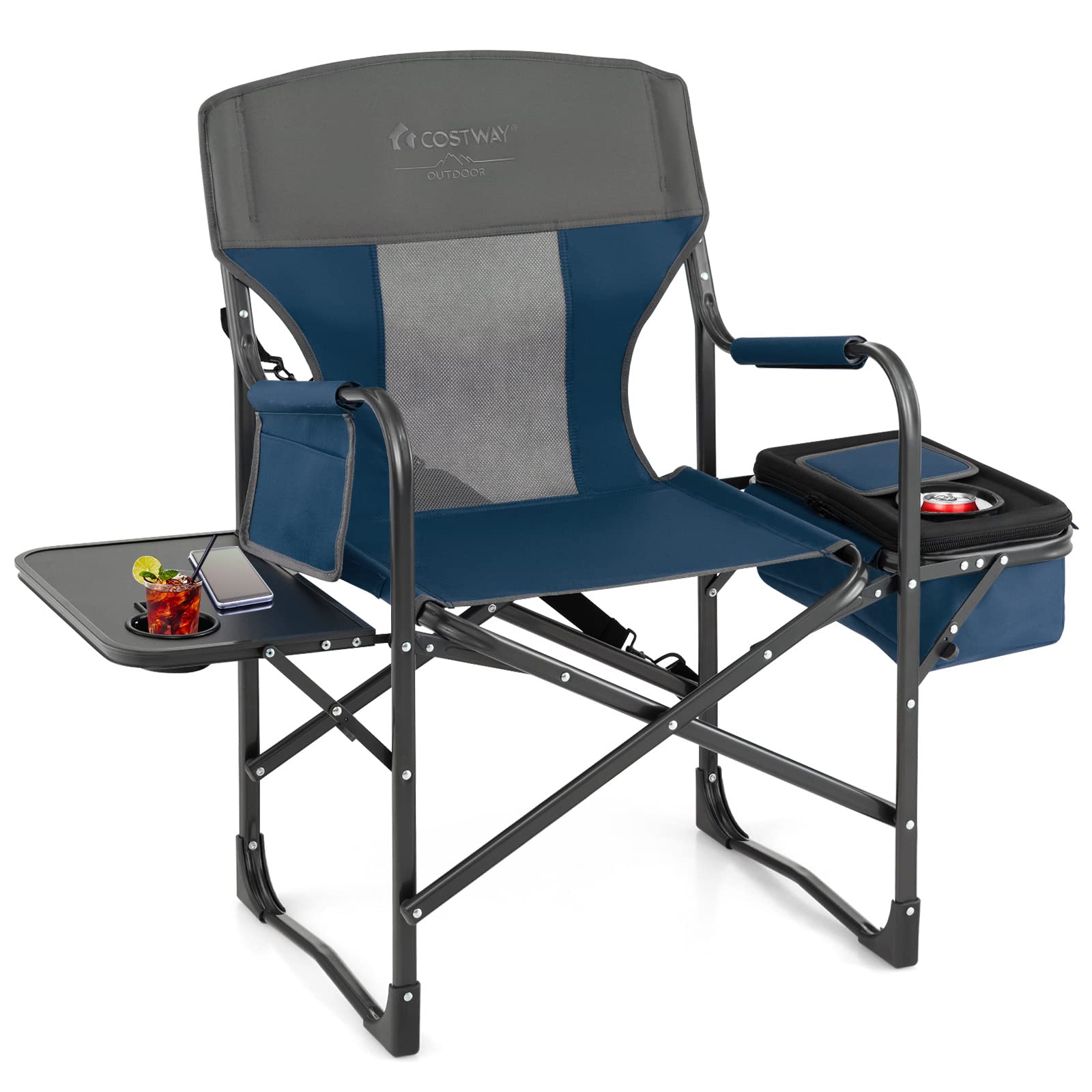 COSTWAY folding camping chair with side table provides convenient drinks and snacks within reach.