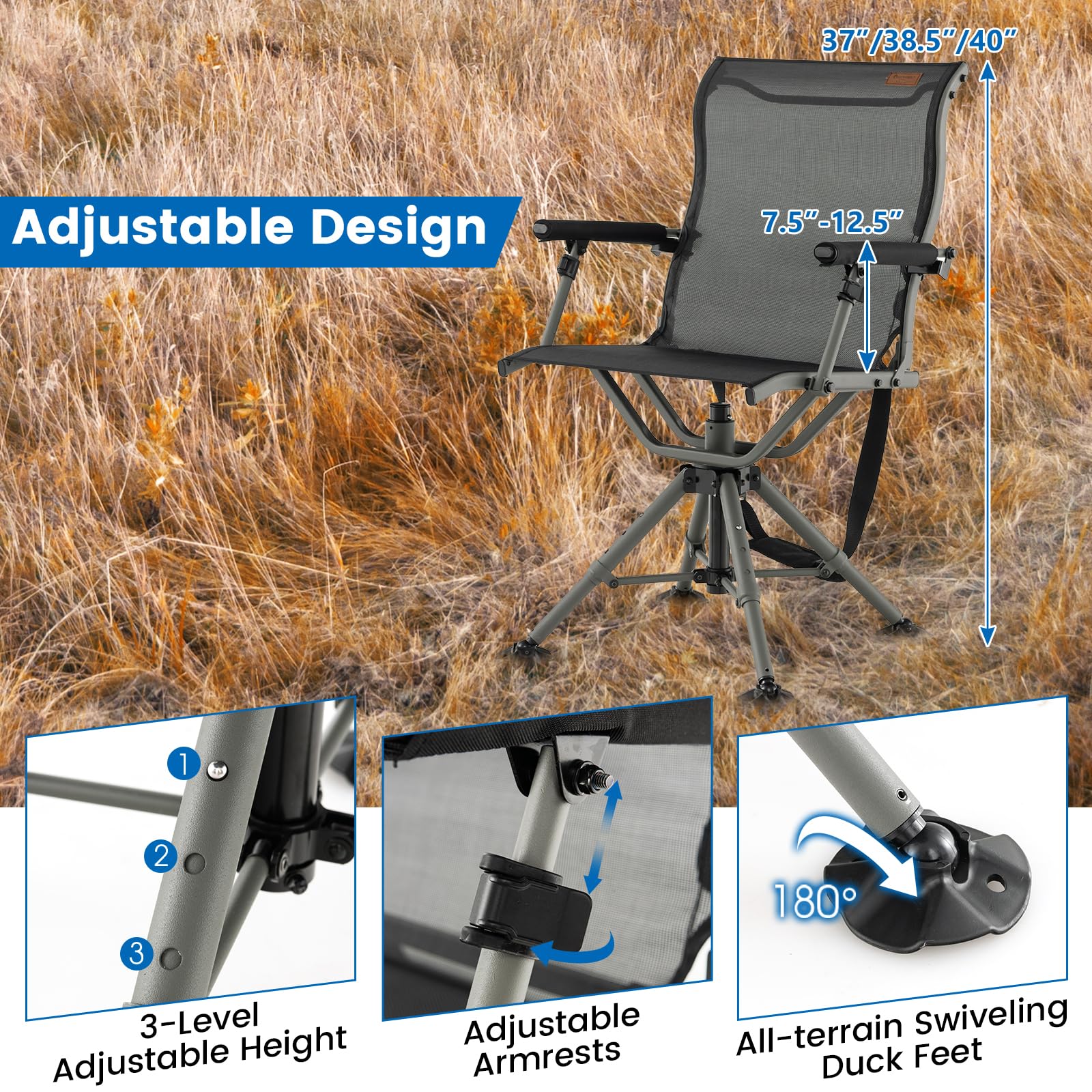 Costway chair provides three height options and stable legs for uneven terrain