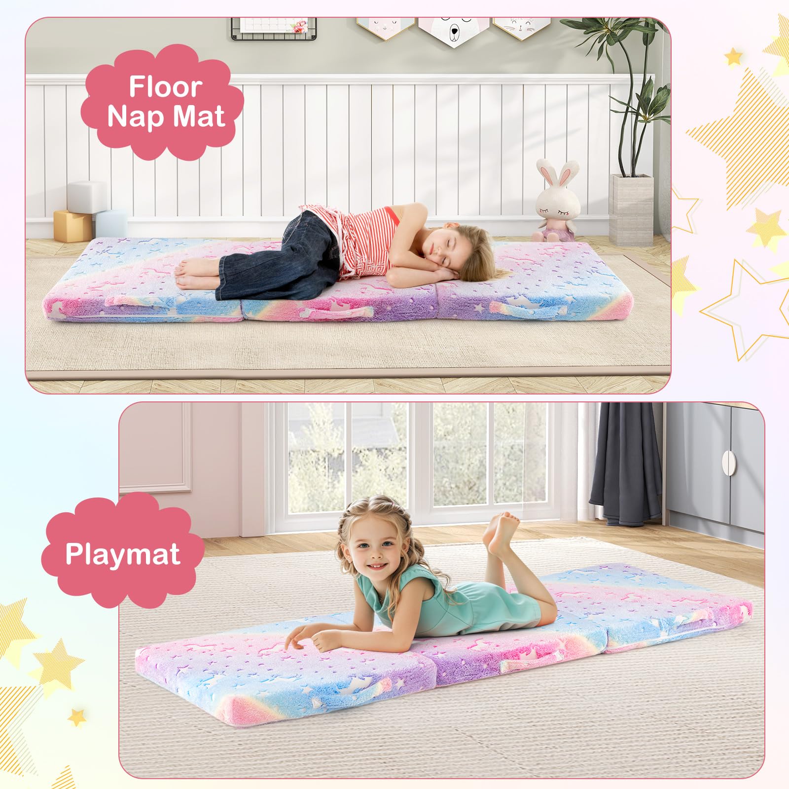Costzon stacked cushions forming a cute pouf bed for play.