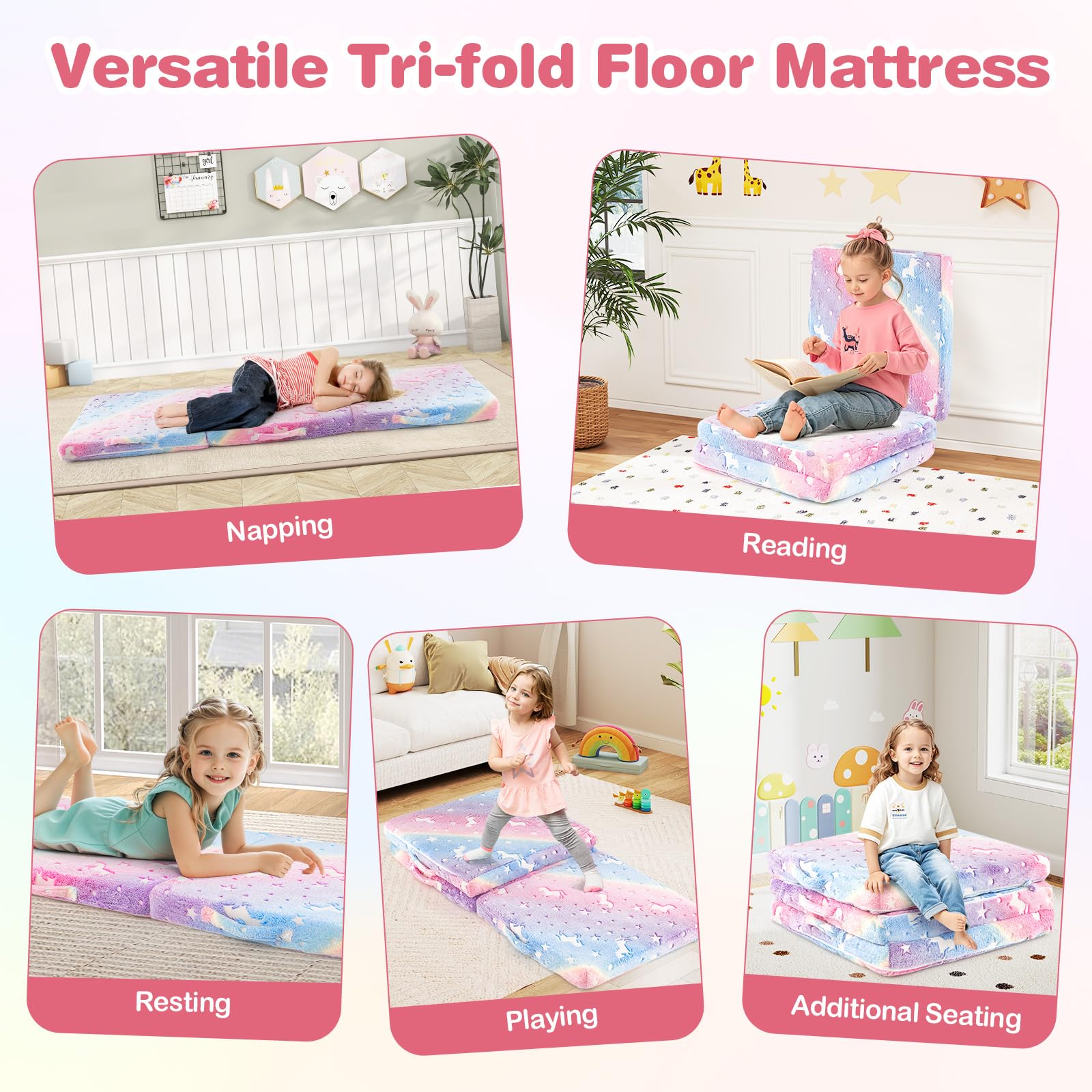 Costzon tri-fold nap mat used as a cozy floor chair for reading.