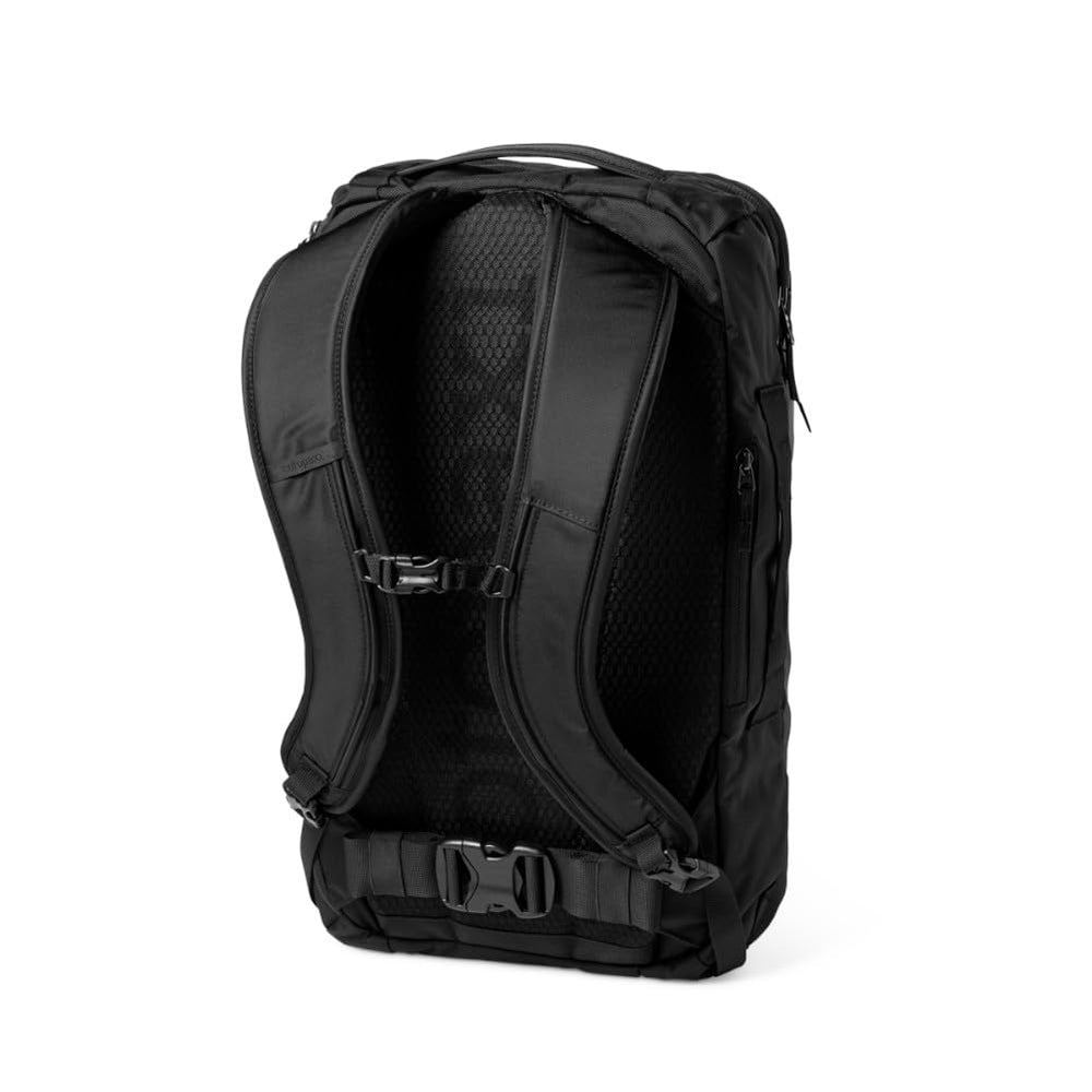 Cotopaxi Allpa 28L travel pack black back view highlighting luggage pass-through compatibility