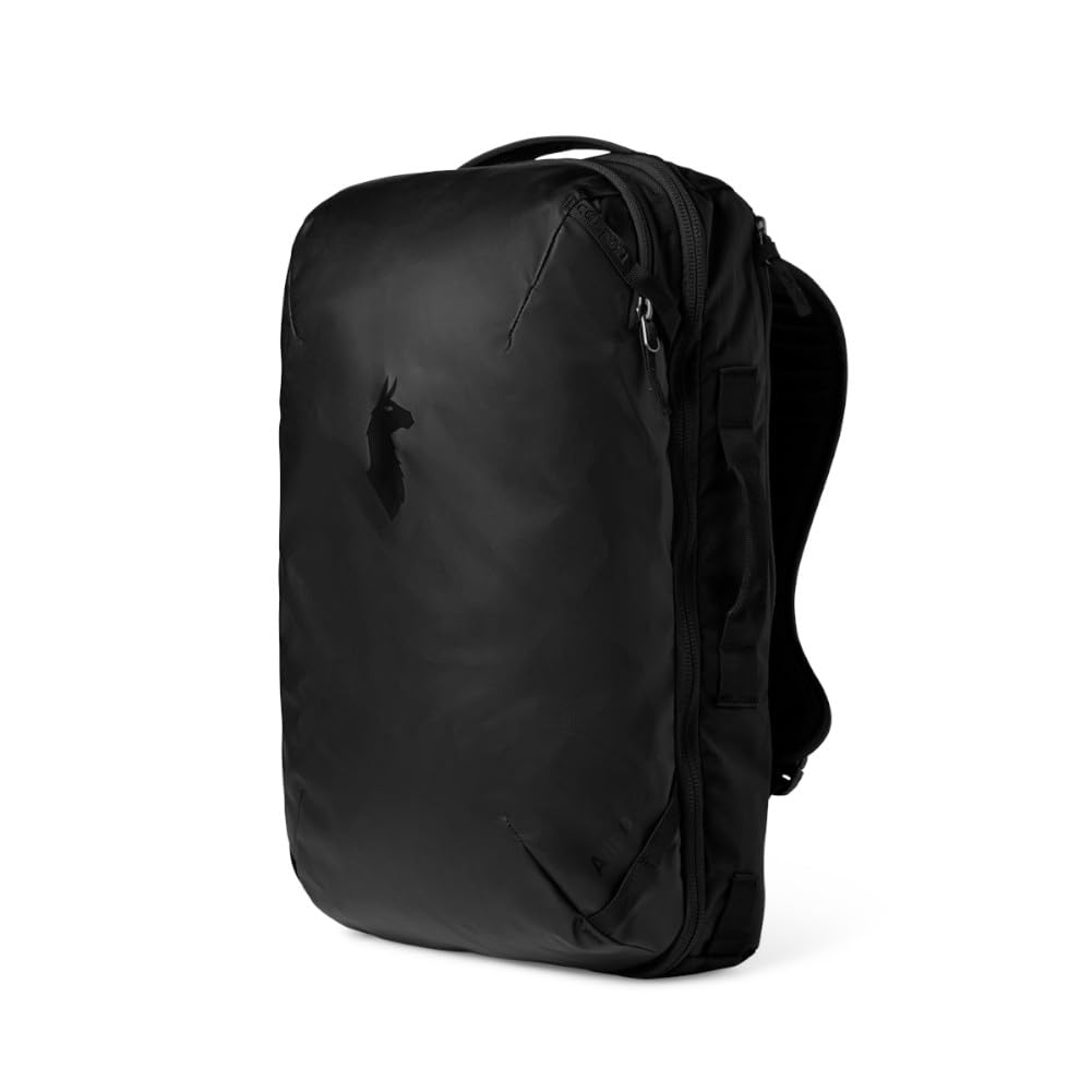 Cotopaxi Allpa 28L travel pack black front view showing accessible main opening for quick packing