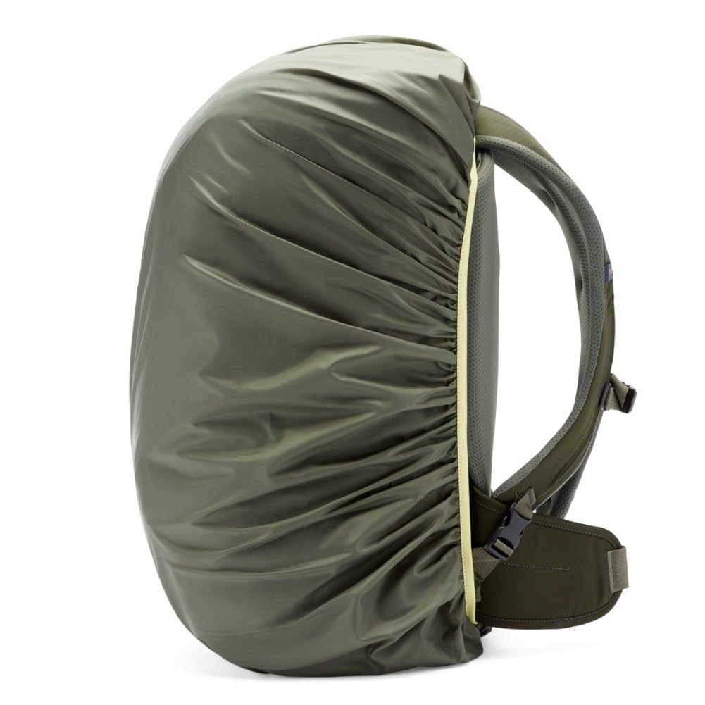 Cotopaxi Seco 45L Rain Cover on a backpack showing a snug, secure fit.