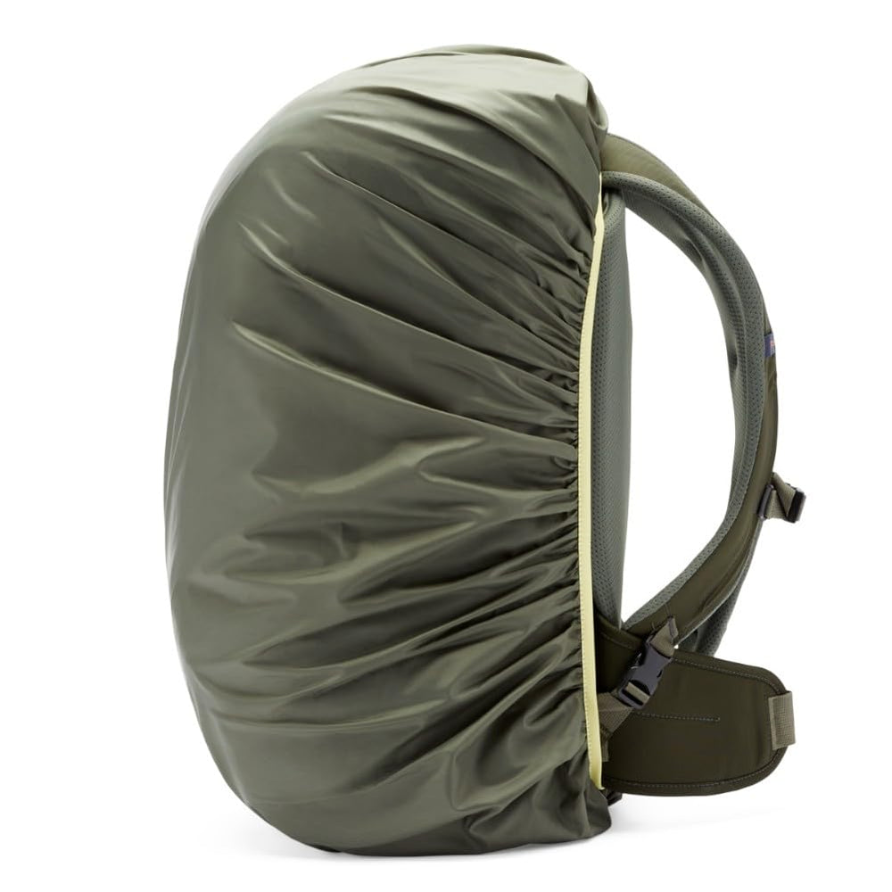 Cotopaxi Seco 45L Rain Cover on a backpack showing a snug, secure fit.