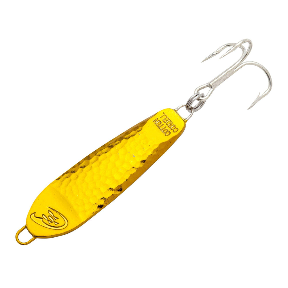 Cotton Cordell CC Spoon Gold 3in front view highlighting hammered sides and flash.