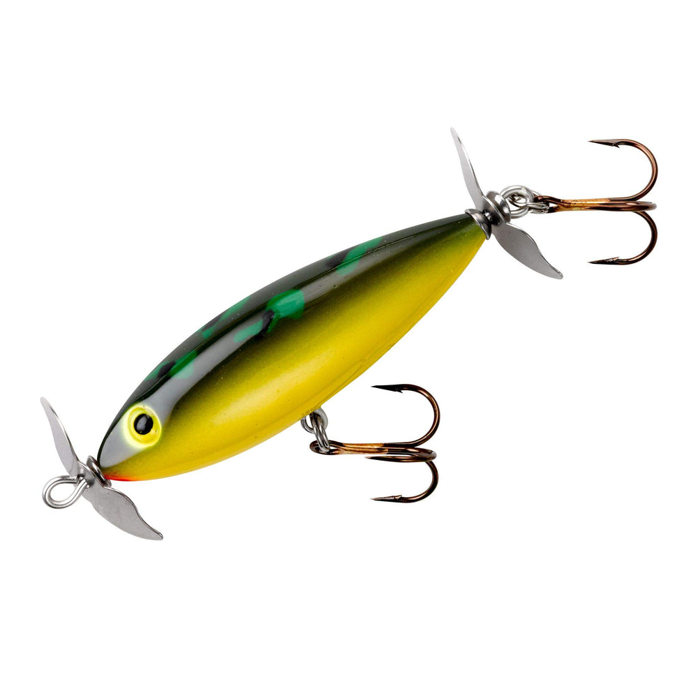 Cotton Cordell Crazy Shad topwater lure in front view shows dual spinning blades for surface action.