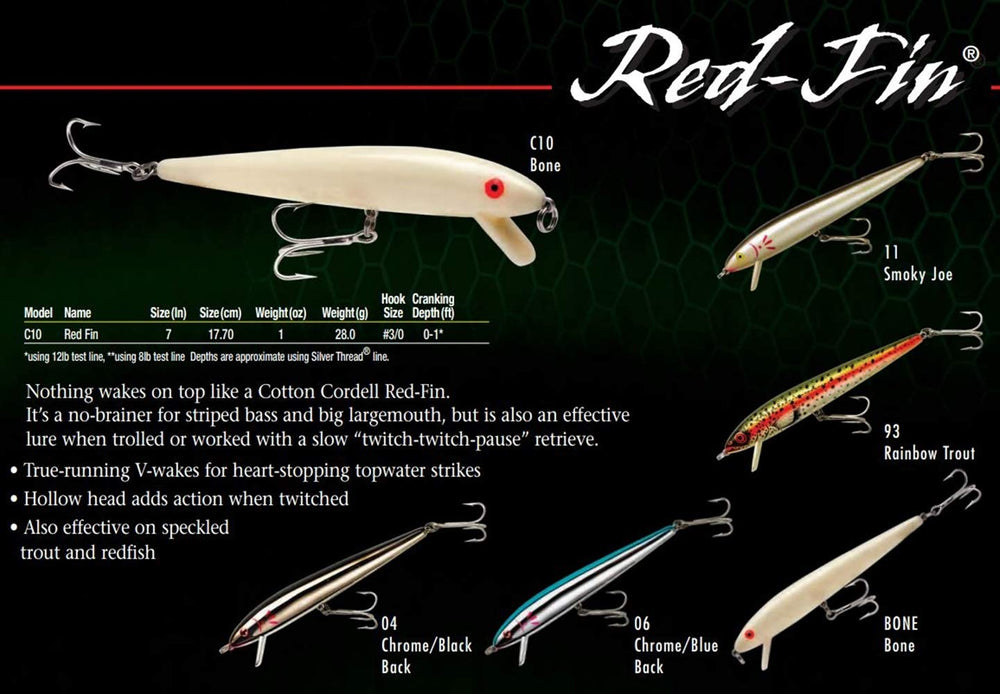Cotton Cordell Red Fin proves effective on speckled trout and redfish when cast or trolled.
