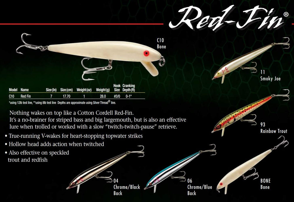 Cotton Cordell Red Fin Lure boosts versatility for bass, trout, redfish.
