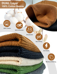 Double-layer knit cotton beanie in beige for unisex use