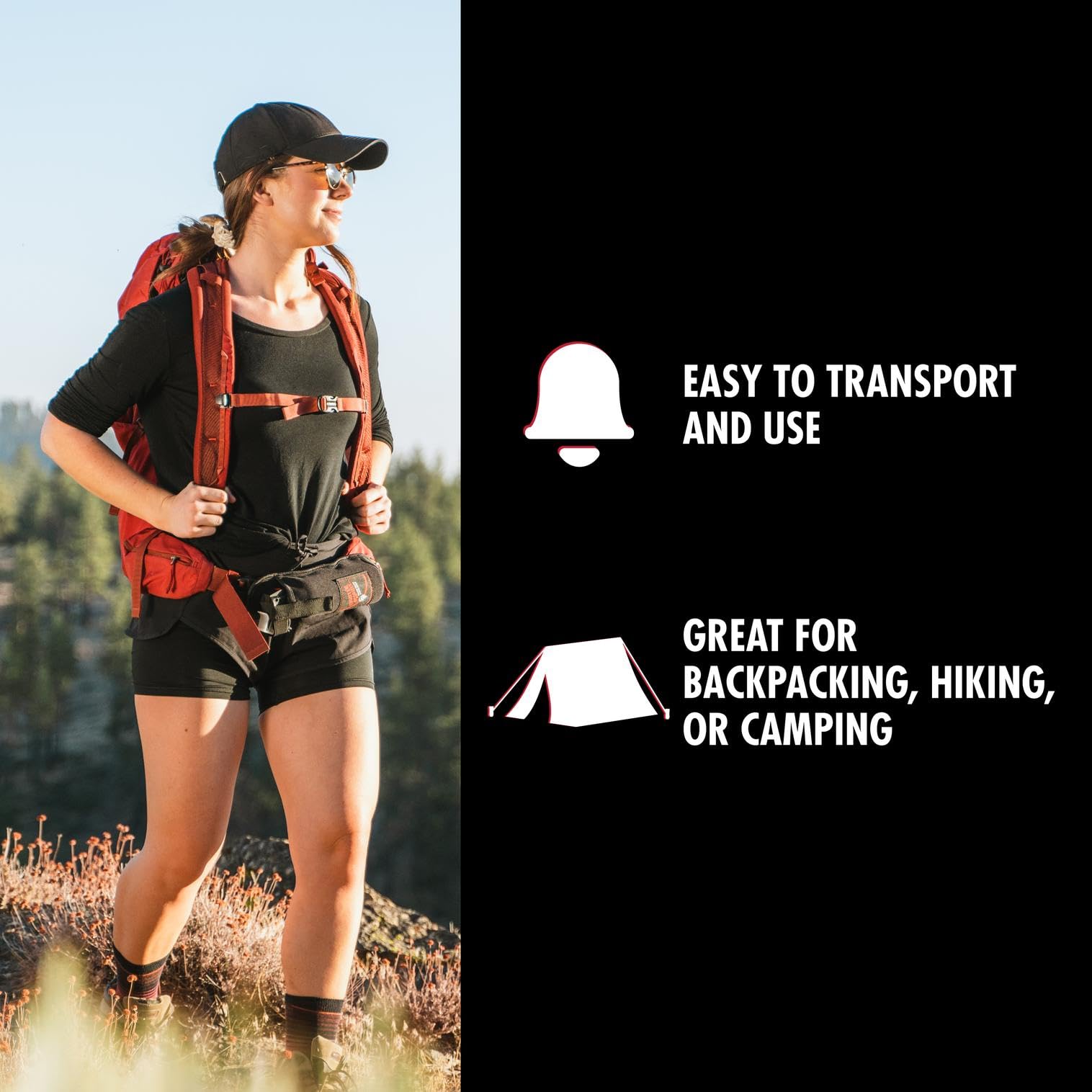 Camping scene with bear bell-ready gear along trail
