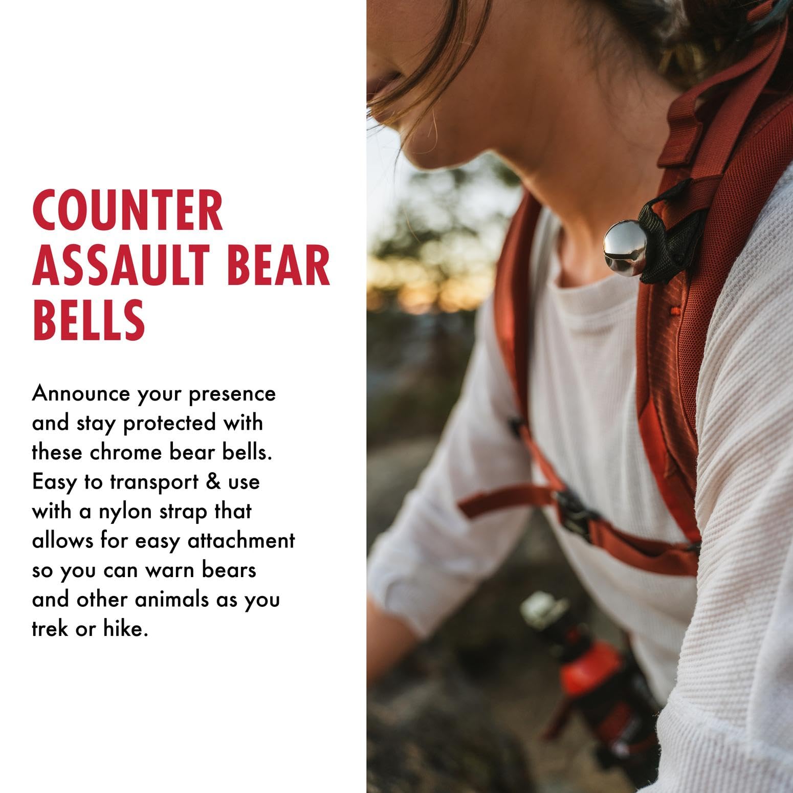 Counter Assault bear bell chrome finish close-up for easy trail attachment