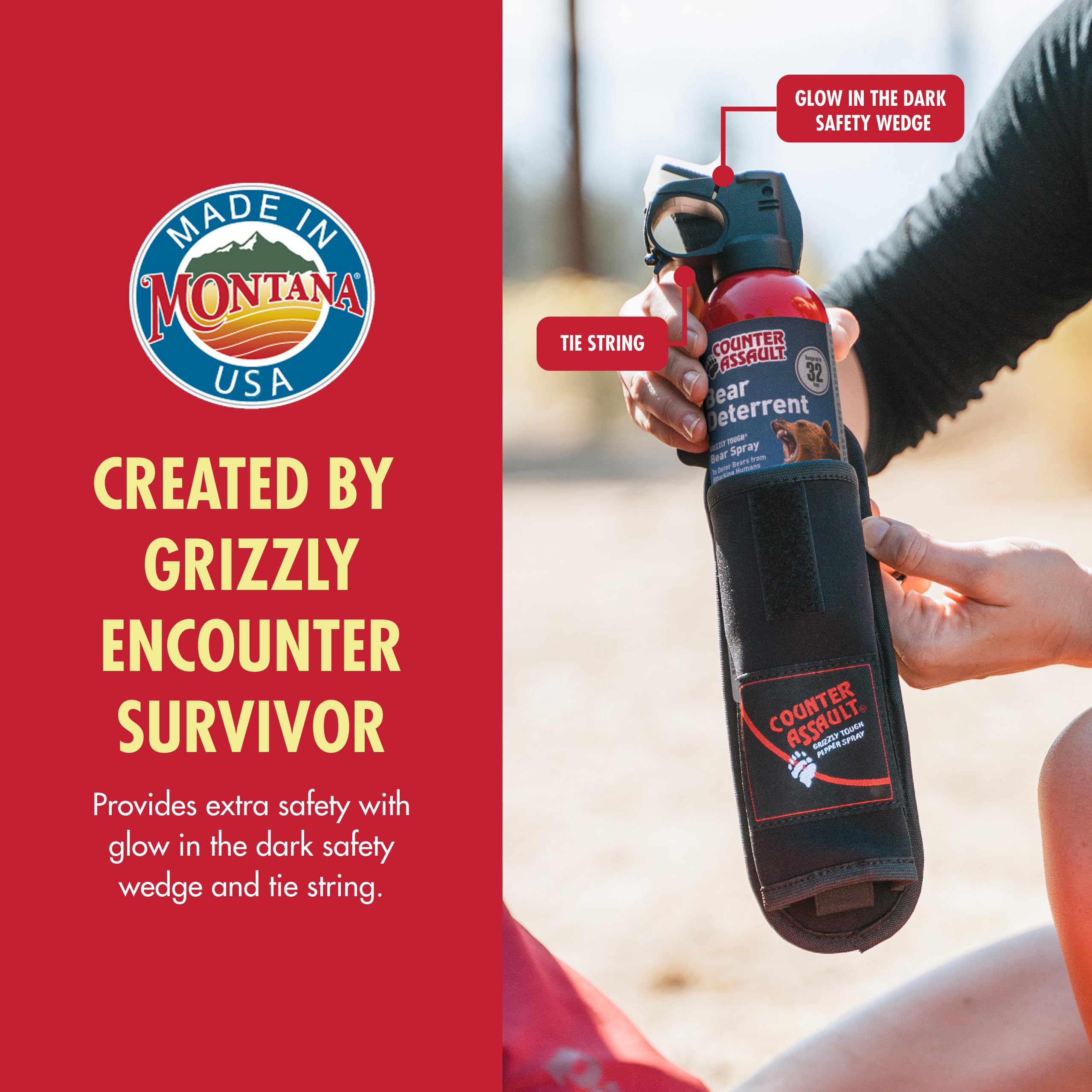 Counter Assault spray shown with 2% capsaicin formula for deterrence.