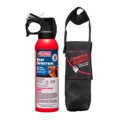 Counter Assault bear spray with 32-foot range for hiking protection.
