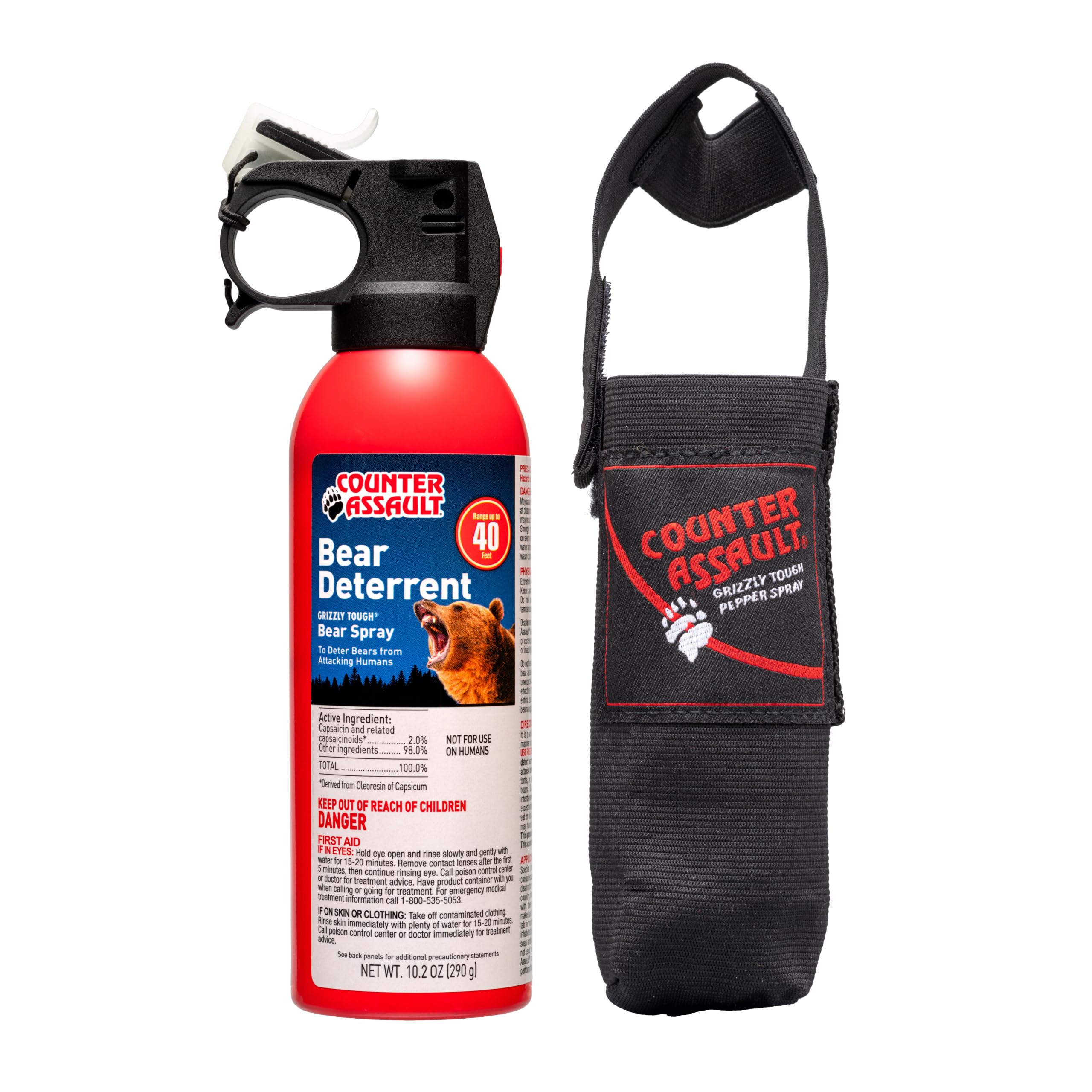 Counter Assault bear spray canister with 40-foot range shown for distance deterrence.