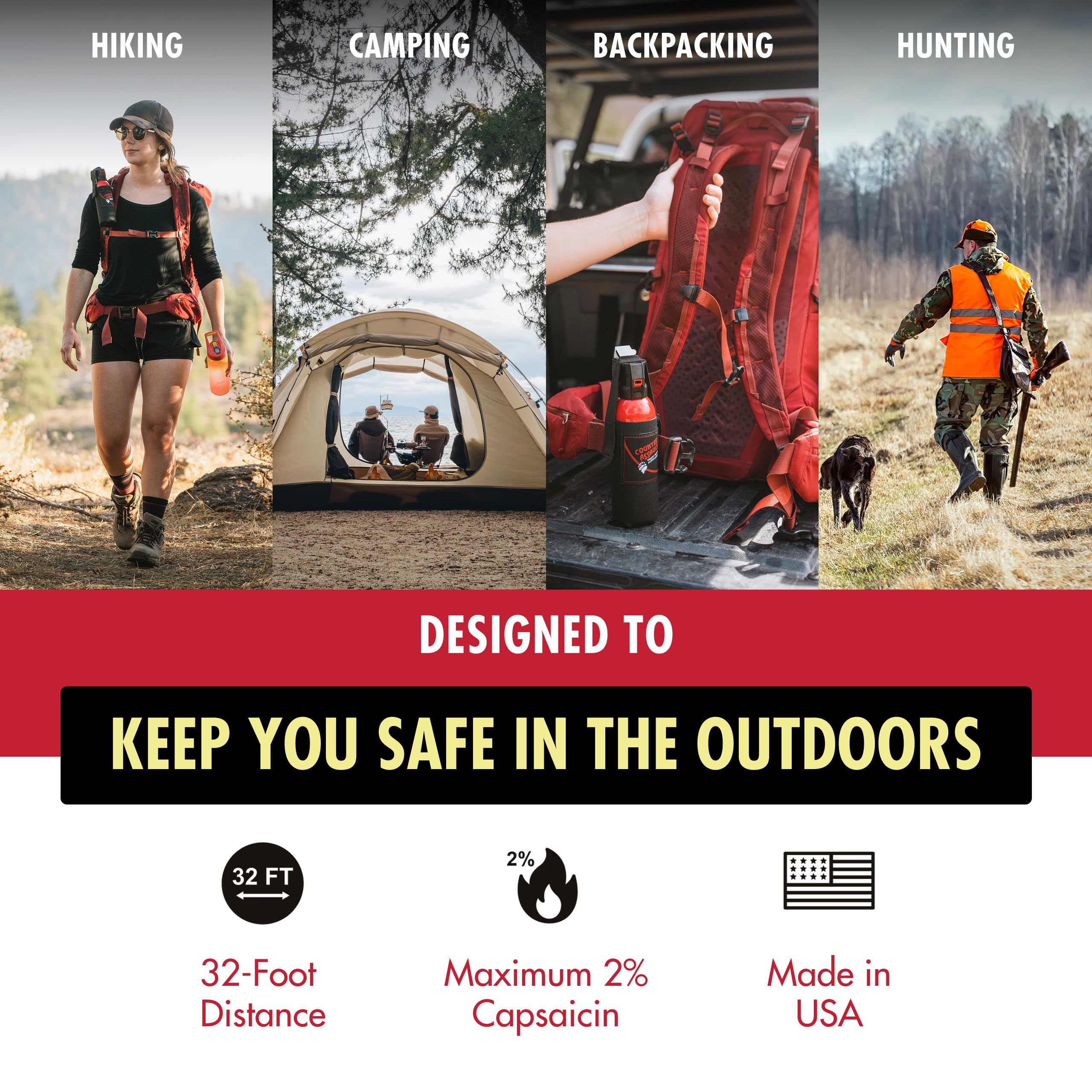 Counter Assault bear spray with 7-second spray duration on trail.