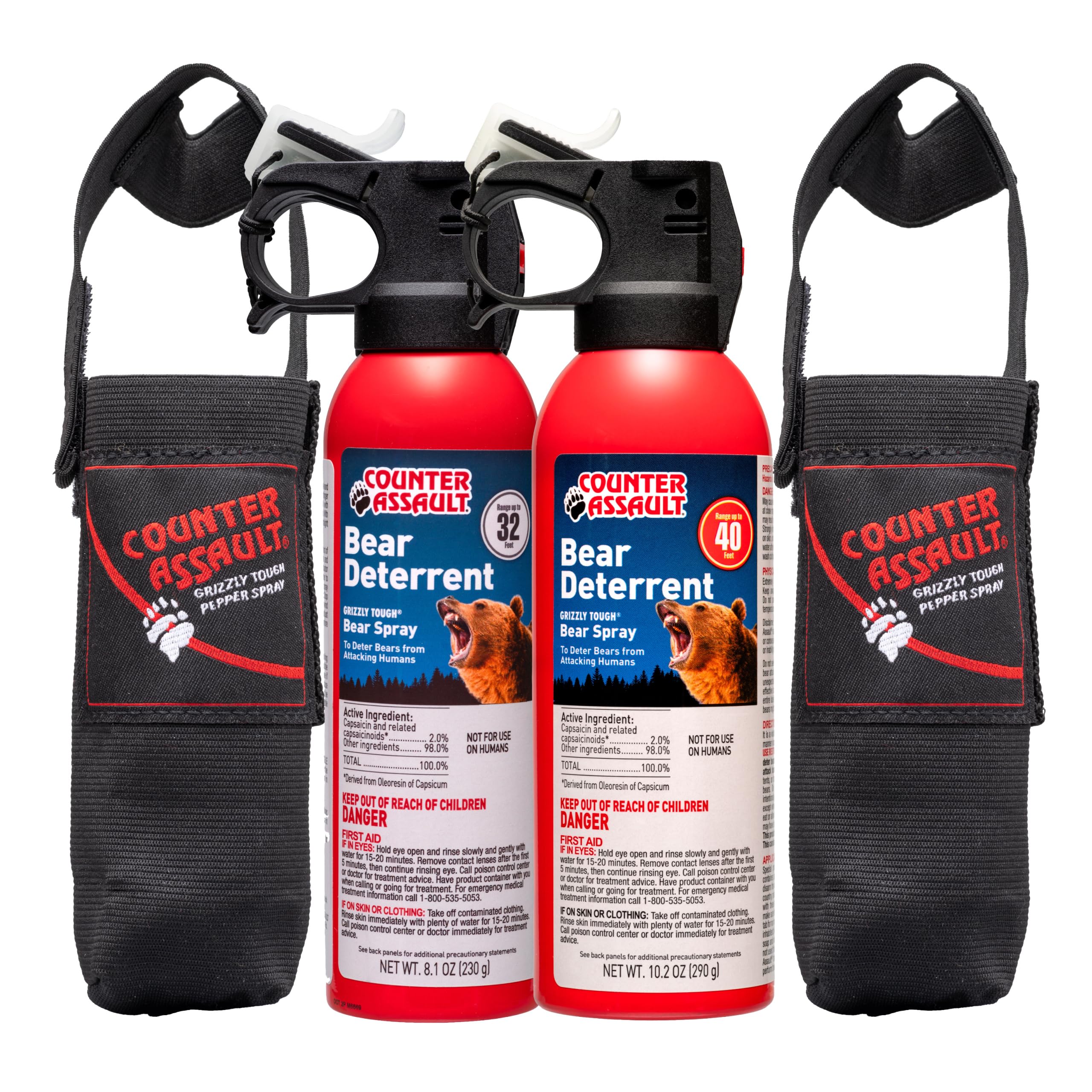 Counter Assault bear spray 8.1 oz with 32 ft range for backcountry hiking.