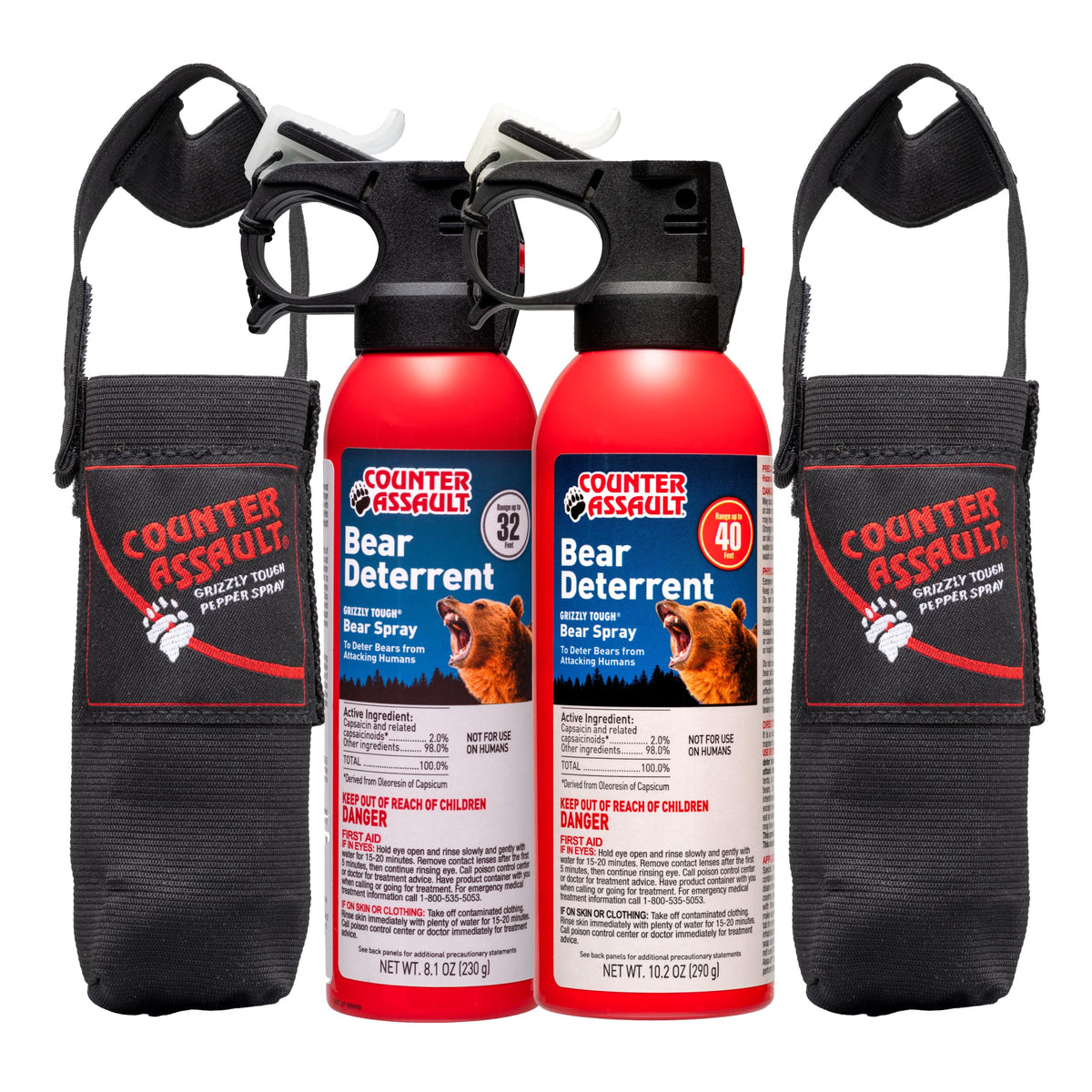 Counter Assault bear spray 8.1 oz with 32 ft range for backcountry hiking.