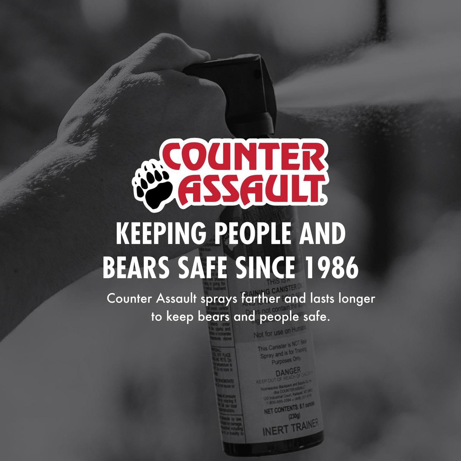 Counter Assault warning label indicates not for humans or bears.
