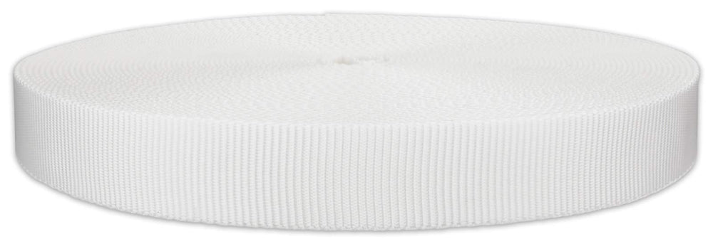Country Brook Design 1 inch white tubular polyester webbing closeout roll for rugged outdoor use.