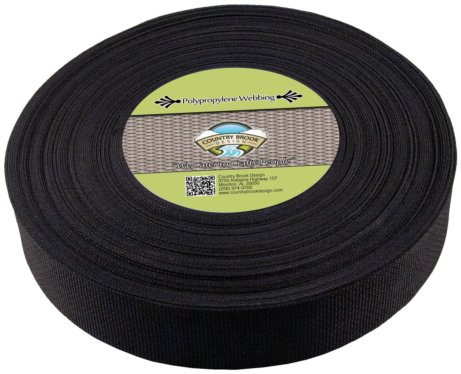 Country Brook Design 2 inch black polypro webbing for durable outdoor straps and DIY bags.