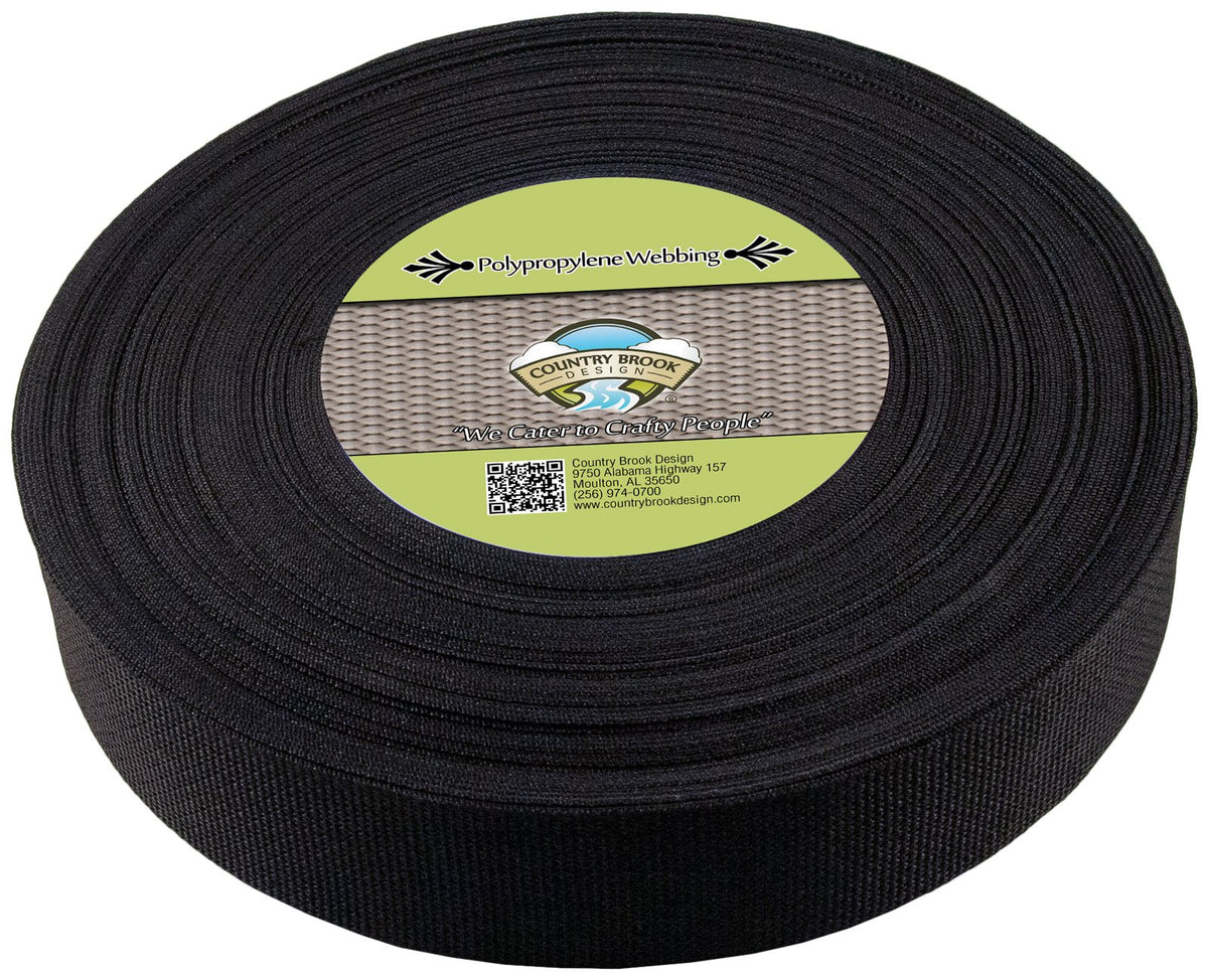 Country Brook Design 2-inch black polypro webbing, ideal for outdoor bags and gear securing