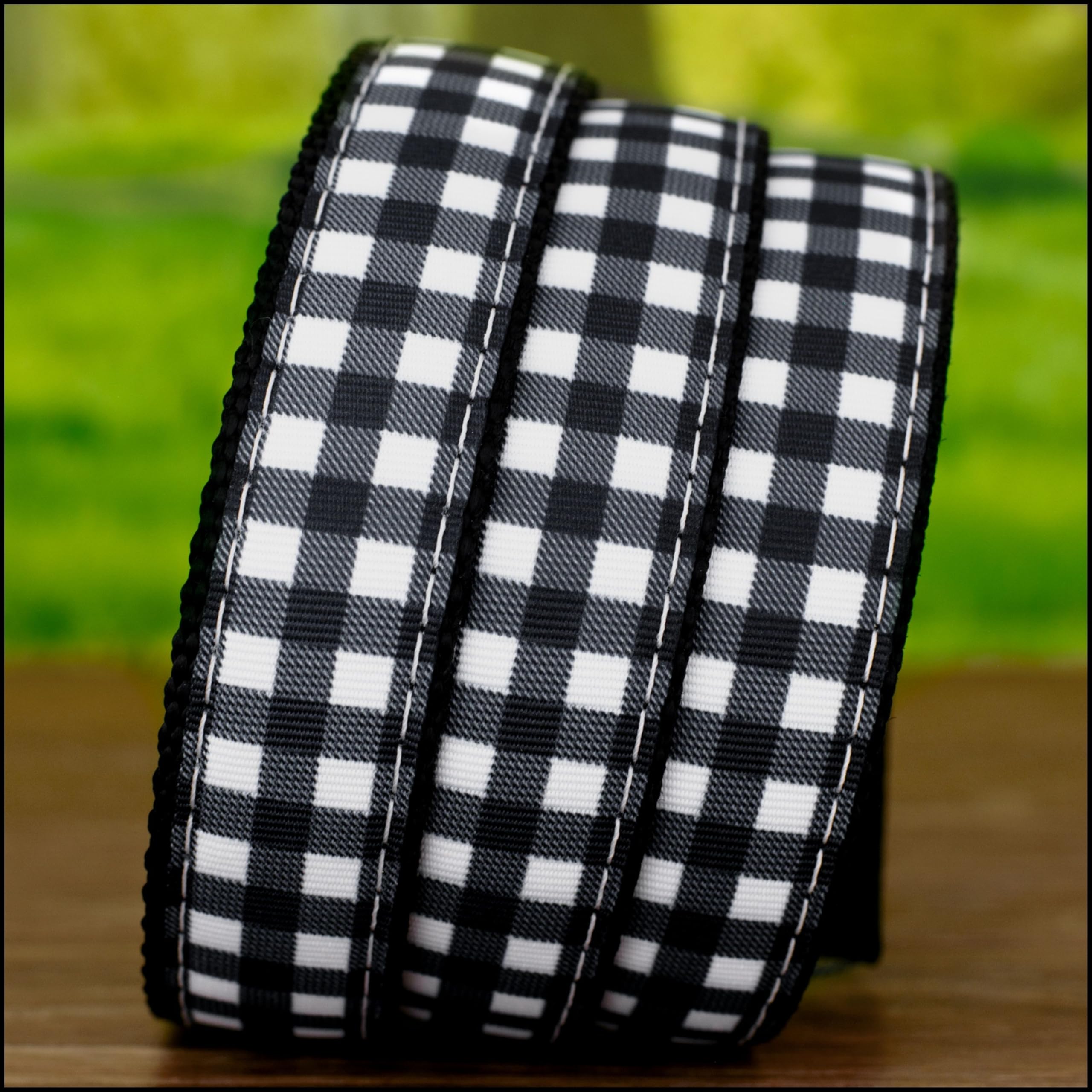 Country Brook Design 3/4 inch buffalo plaid on black nylon webbing with silky ribbon for versatile projects.