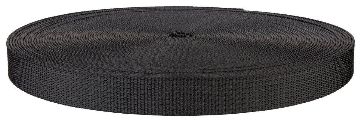 Country Brook Design 3/4 inch black polyester webbing, durable for harnesses and outdoor straps.