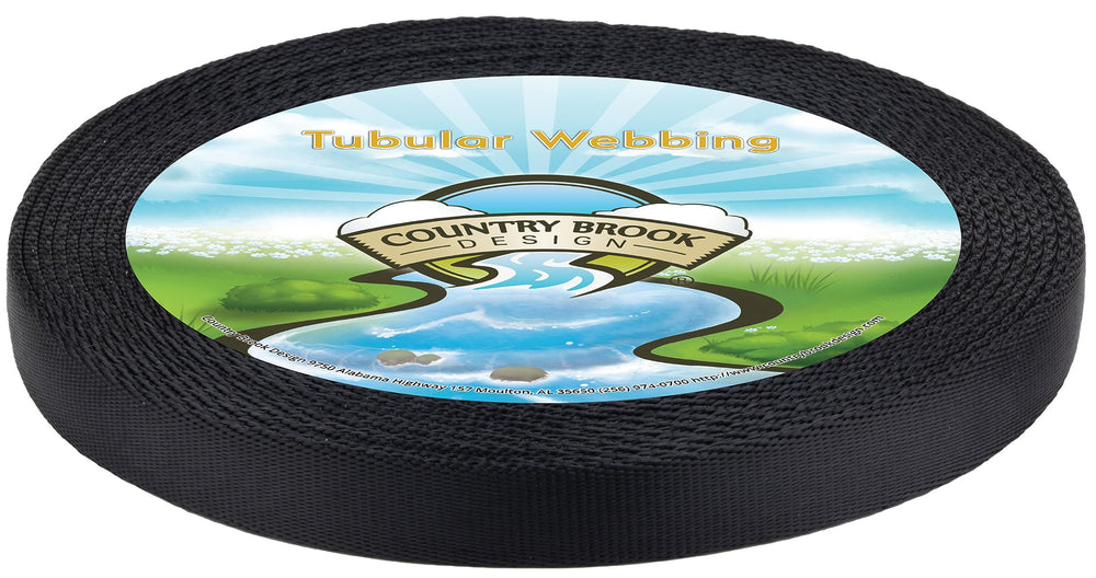 Country Brook Design black tubular nylon webbing, 5/8 inch wide, strong and versatile.
