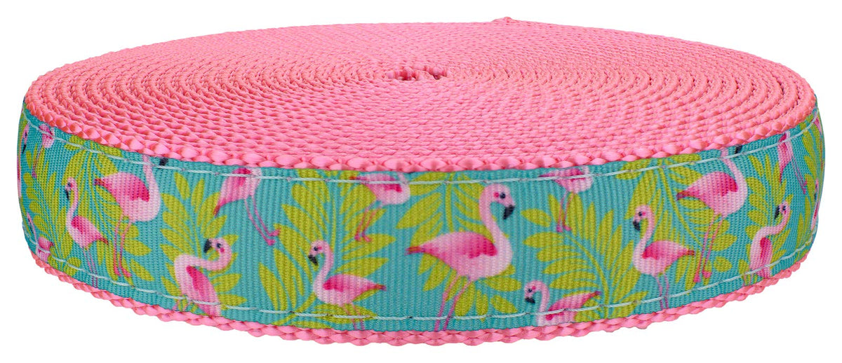 Country Brook Design flamingos ribbon on pink nylon webbing adds tropical flair to crafts.